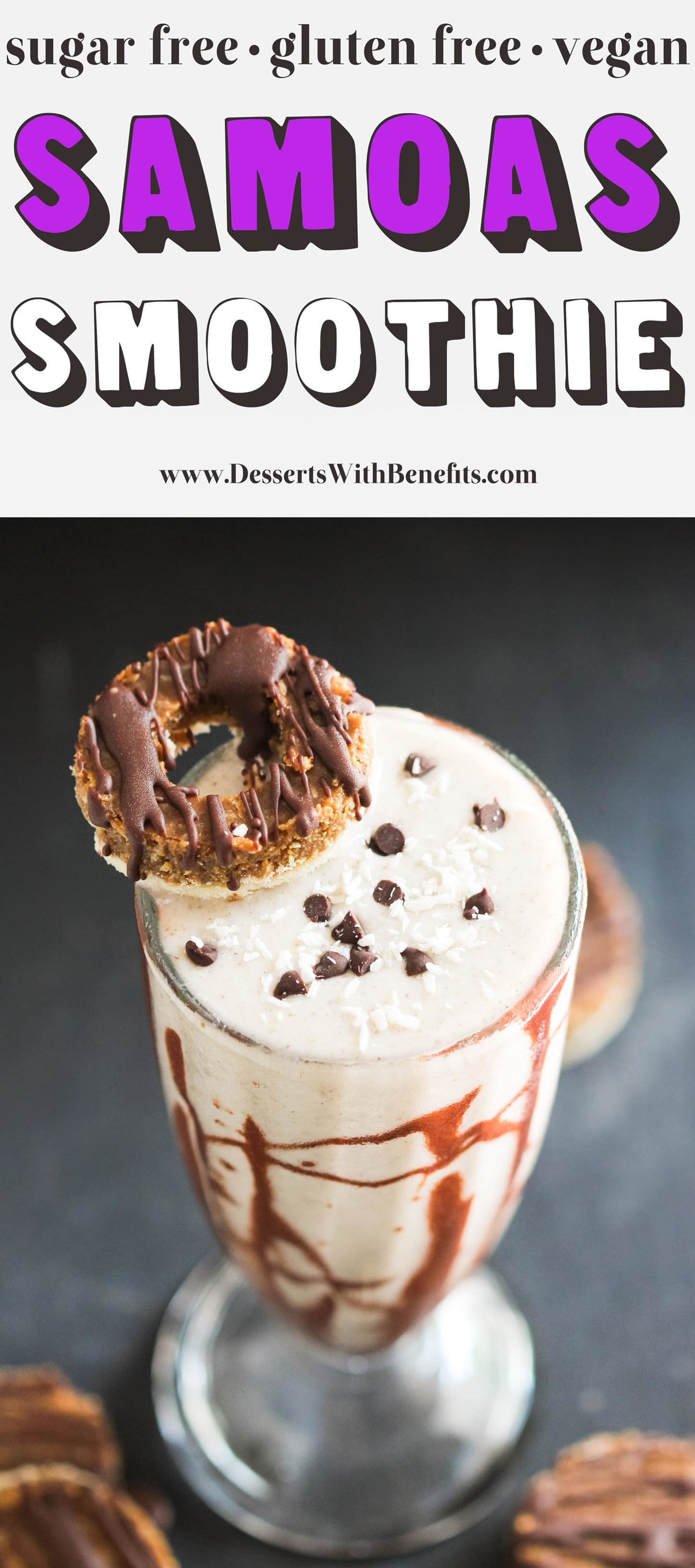 Healthy Samoas Smoothie! If you're craving something full of caramel, coconut, and chocolate flavor, this recipe is for you! No need for the sugary Girl Scouts cookies made with highly processed, artificial ingredients when this creamy smoothie is around. Oh, and it's totally breakfast worthy -- it's sugar free, low fat, gluten free, dairy free, and vegan too! Healthy Dessert Recipes at the Desserts With Benefits Blog (www.DessertsWithBenefits.com)