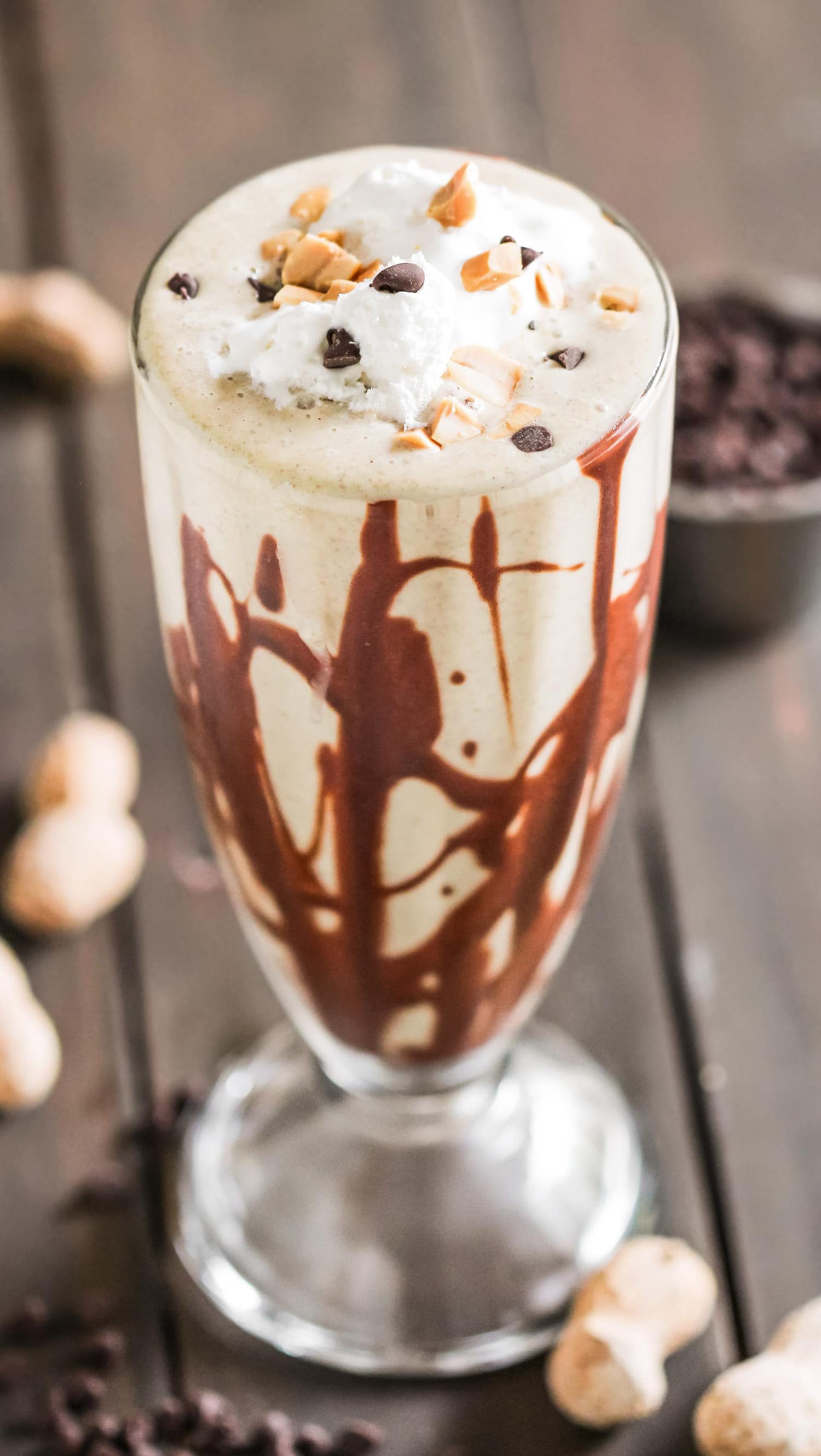 Guilt-Free Snickers Smoothie full of chocolate, caramel and peanut butter!