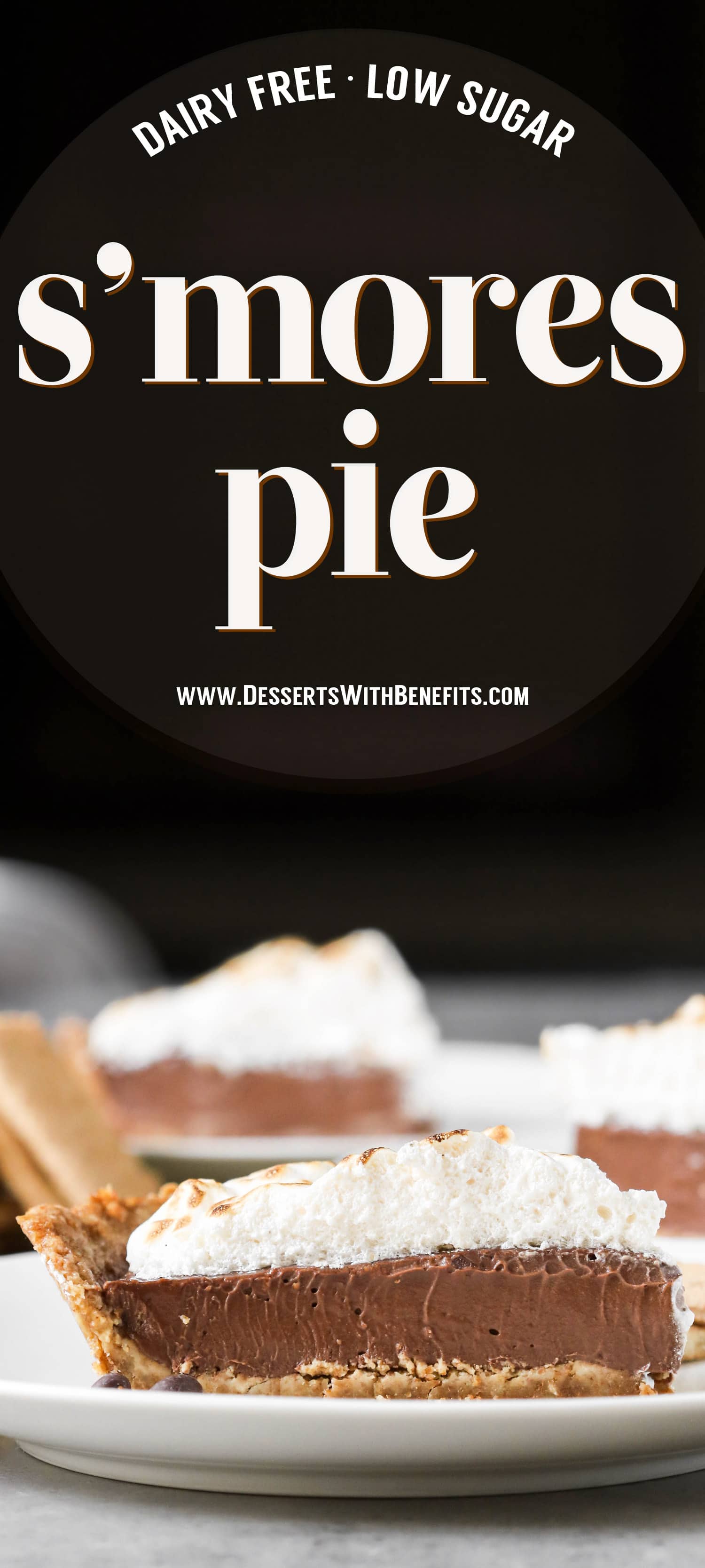 This S'mores Pie has a deliciously comforting graham cracker crust, a rich and creamy chocolate filling, and a homemade marshmallow fluff topping. And it's dairy free and low in sugar! Healthy Dessert Recipes at the Desserts With Benefits Blog