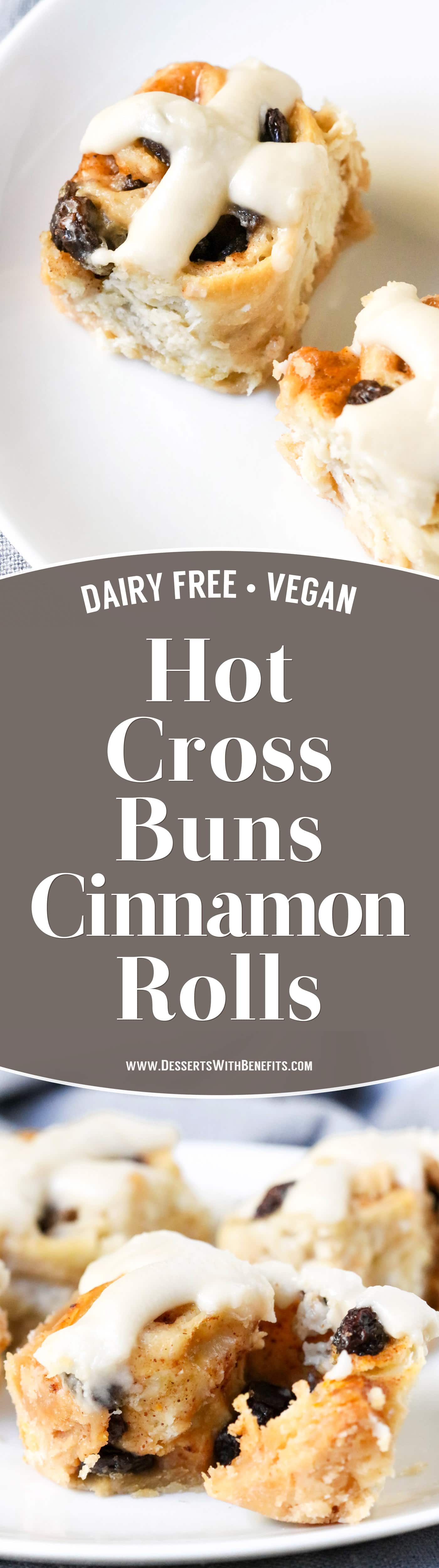 These Hot Cross Buns Cinnamon Rolls are like traditional Hot Cross Buns but BETTER! They're fluffy, sweeter than the original, and spiced with cinnamon and nutmeg. One bite and you'll have a hard time believing they're dairy free and vegan with no sugar added.