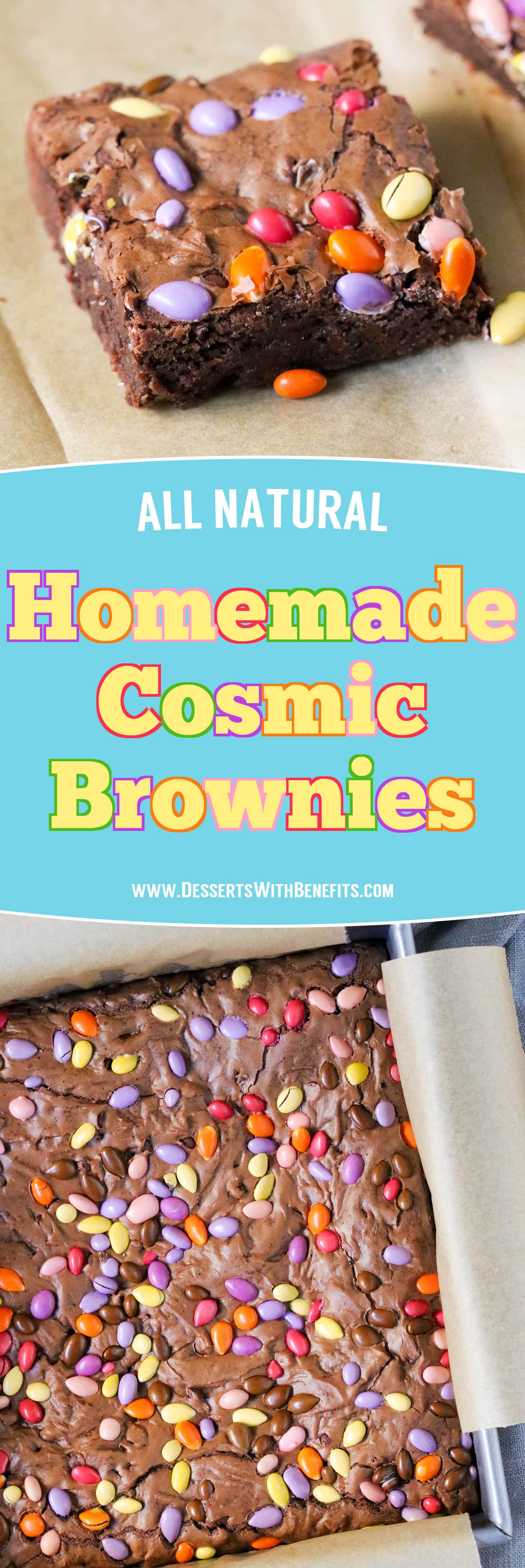 These all natural Homemade Cosmic Brownies are dense, fudgy, chewy, and made with just 4 ingredients! It's hard to believe this easy recipe is better for you than the storebought version -- no preservatives or artificial ingredients whatsoever!