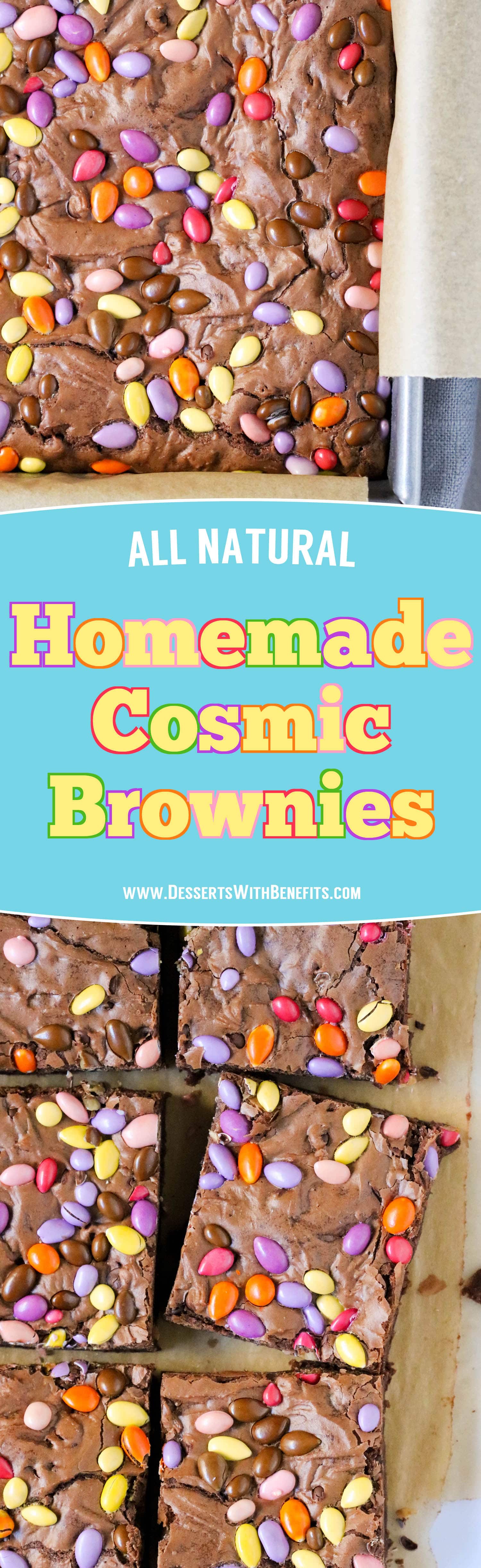 These all natural Homemade Cosmic Brownies are dense, fudgy, chewy, and made with just 4 ingredients! It's hard to believe this easy recipe is better for you than the storebought version -- no preservatives or artificial ingredients whatsoever!