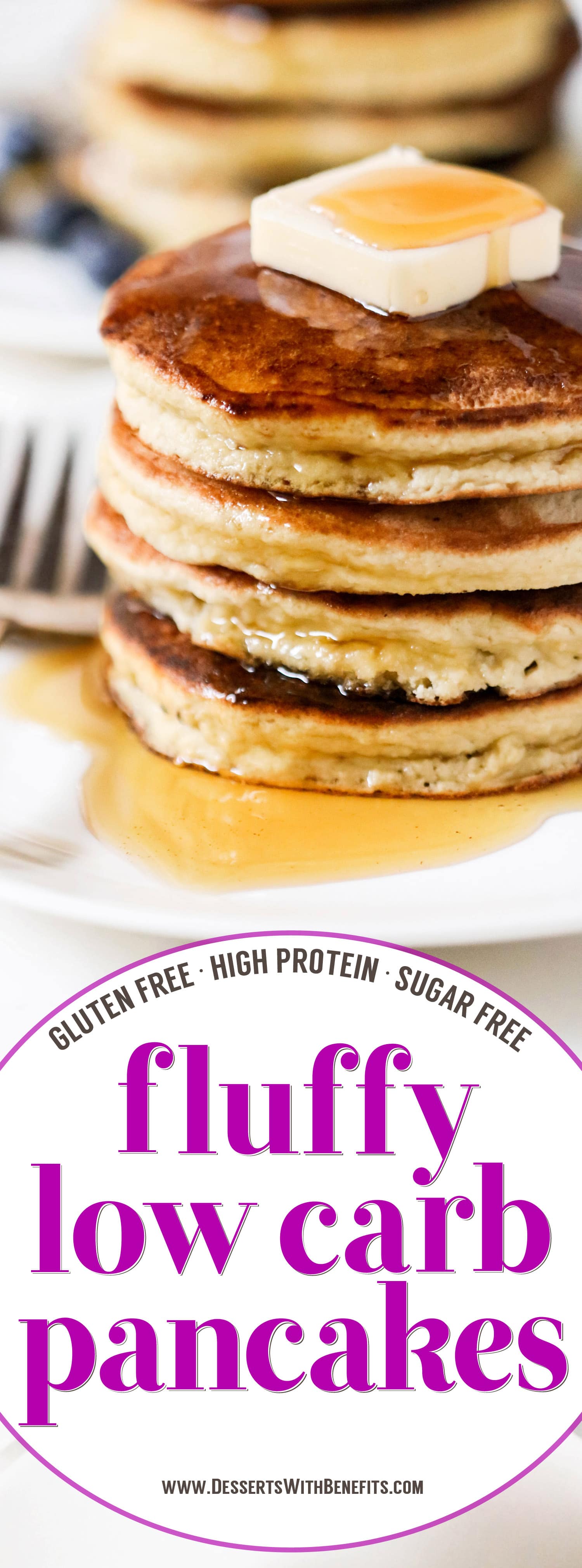 These fluffy Low Carb Coconut Flour Pancakes are THE best way to start your day. One bite and you'll wonder how these Paleo Pancakes are sugar free, low carb, high protein, high fiber, gluten free, and dairy free! These filling Low Carb Pancakes have just 220 calories plus 15g of protein and no sugar added. This is a breakfast we can feel good about indulging in.