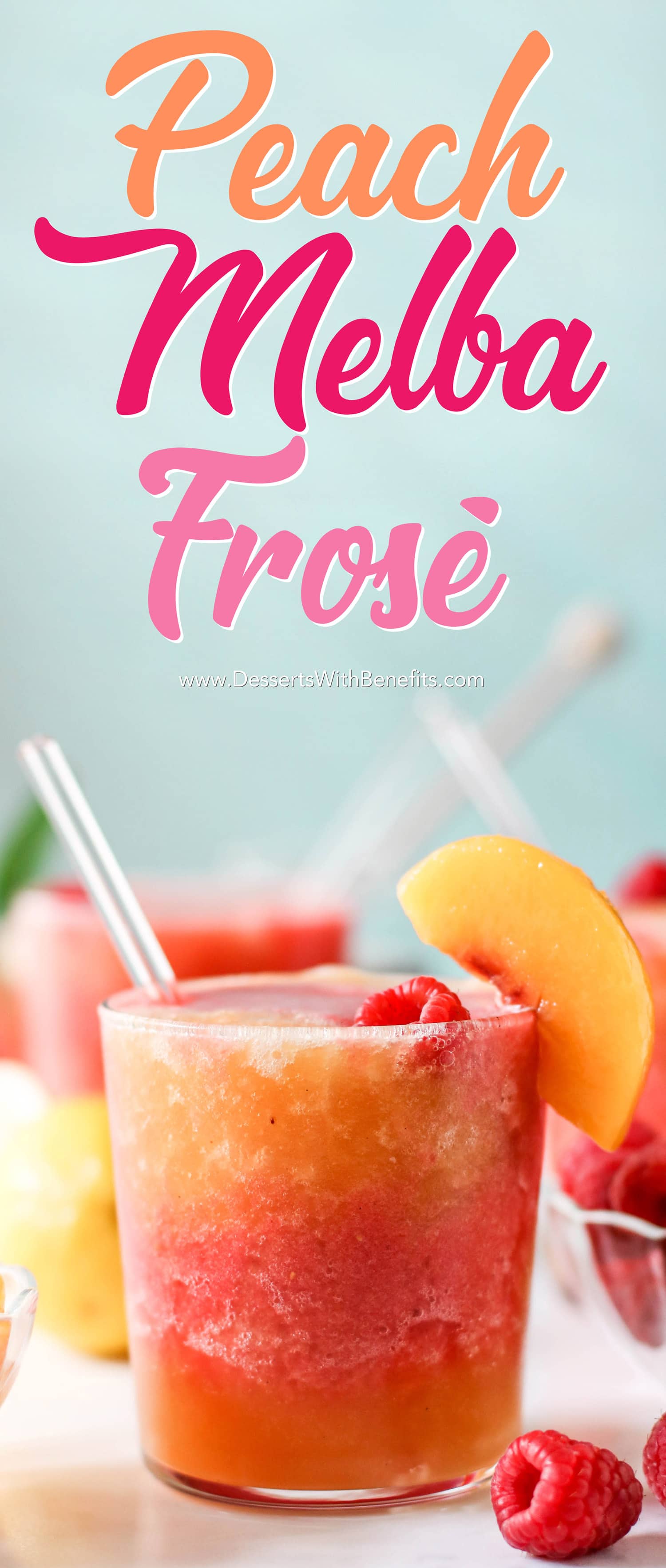 This Peach Melba Frosé is full of sweet peaches, tart raspberries, and good ol' pinot noir rosé (and no sugar added)! You only 5 ingredients to make this easy frose recipe. This is the perfect frosty, boozy treat!