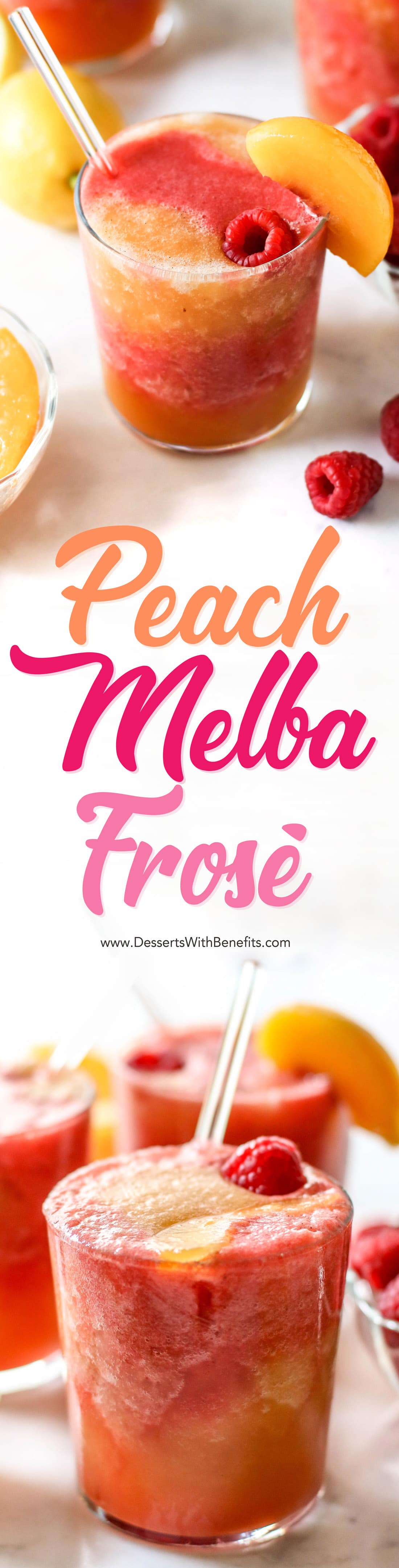 This Peach Melba Frosé is full of sweet peaches, tart raspberries, and good ol' pinot noir rosé (and no sugar added)! You only 5 ingredients to make this easy frose recipe. This is the perfect frosty, boozy treat!