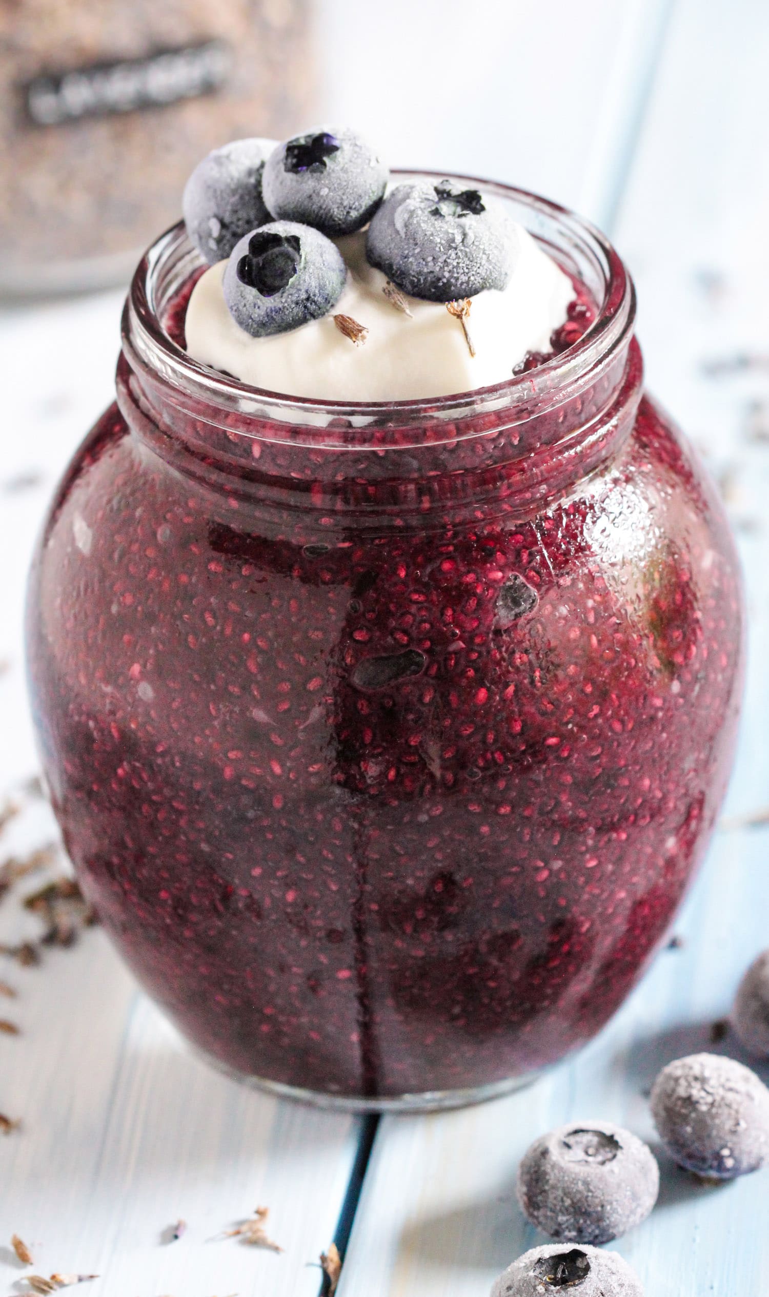 This Blueberry Lavender Chia Seed Pudding recipe is perfectly sweet and floral, and surprisingly filling! Makes for a great breakfast because it's full of healthy ingredients such as chia seeds (high in omega-3 fatty acids) and blueberries (high in antioxidants), and it also happens to be sugar free, high fiber, gluten free, and vegan too! Healthy Dessert Recipes at the Desserts With Benefits Blog (www.DessertsWithBenefits.com)