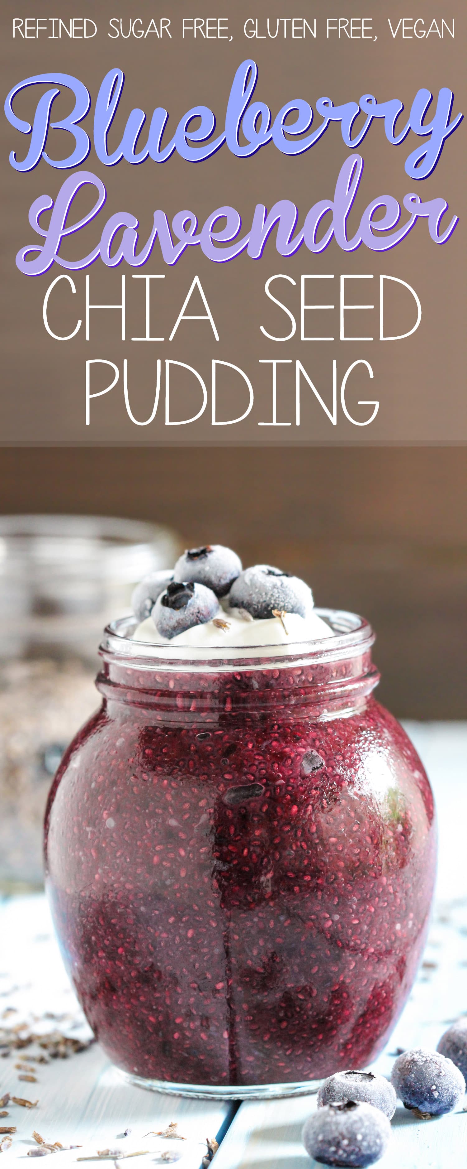 This Blueberry Lavender Chia Seed Pudding recipe is perfectly sweet and floral, and surprisingly filling! Makes for a great breakfast because it's full of healthy ingredients such as chia seeds (high in omega-3 fatty acids) and blueberries (high in antioxidants), and it also happens to be sugar free, high fiber, gluten free, and vegan too! Healthy Dessert Recipes at the Desserts With Benefits Blog (www.DessertsWithBenefits.com)