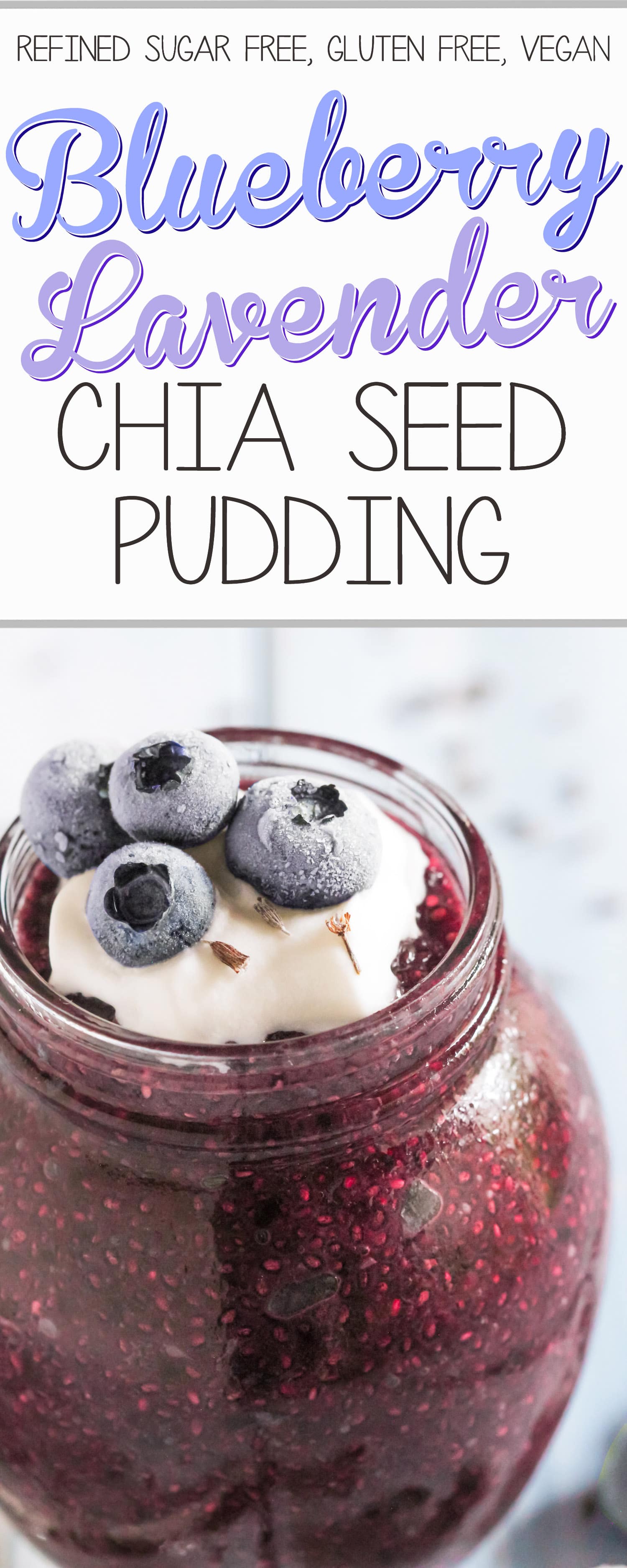 This Blueberry Lavender Chia Seed Pudding recipe is perfectly sweet and floral, and surprisingly filling! Makes for a great breakfast because it's full of healthy ingredients such as chia seeds (high in omega-3 fatty acids) and blueberries (high in antioxidants), and it also happens to be sugar free, high fiber, gluten free, and vegan too! Healthy Dessert Recipes at the Desserts With Benefits Blog (www.DessertsWithBenefits.com)