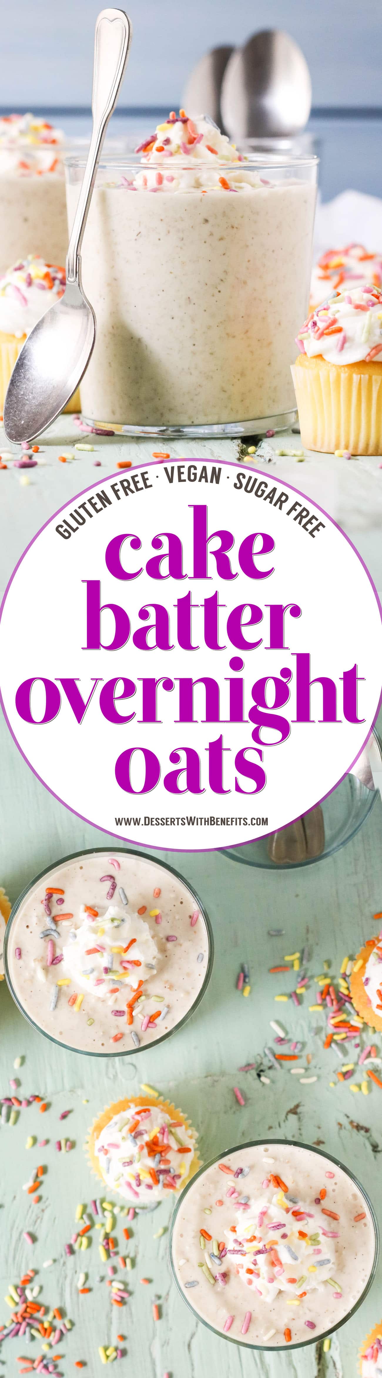 These Cake Batter Overnight Dessert Oats have all the flavor of cake, just in a healthier package!  This easy overnight oats recipe is sweet and uber filling, yet sugar free, gluten free, dairy free, and vegan.