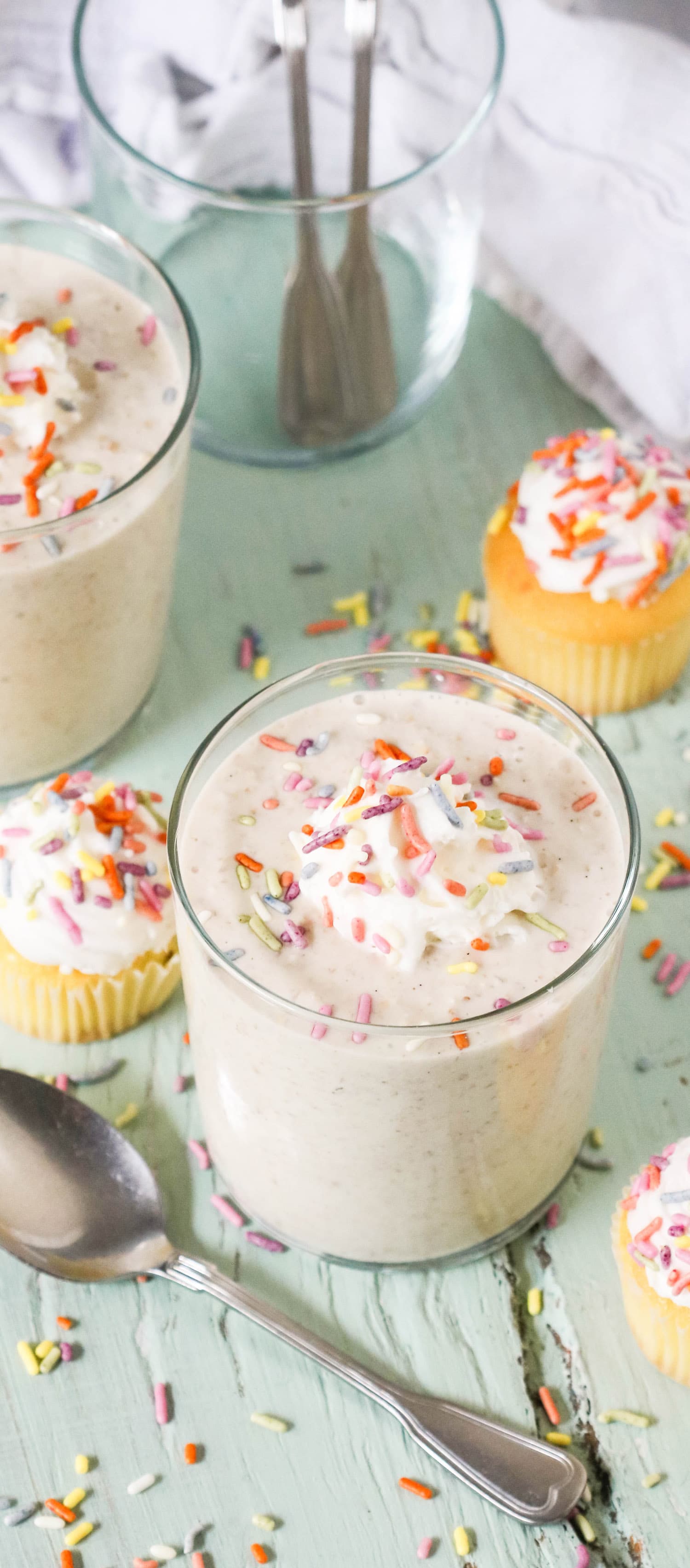 These Cake Batter Overnight Dessert Oats have all the flavor of cake, just in a healthier package!  This easy overnight oats recipe is sweet and uber filling, yet sugar free, gluten free, dairy free, and vegan.