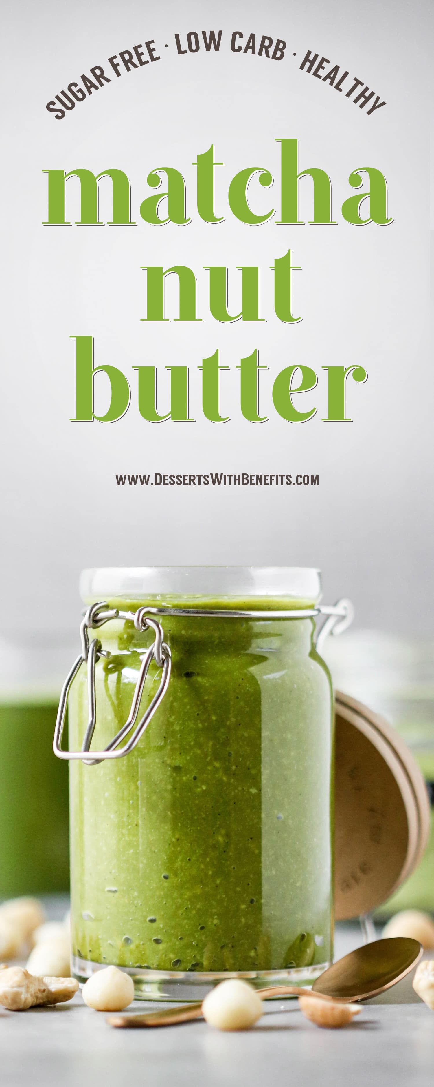 This 5-ingredient Healthy Matcha Green Tea Nut Butter is earthy from the matcha and rich and buttery from the macadamia nuts and cashews. Super easy, creamy, and addictive, yet sugar free, low carb, gluten free, dairy free, and vegan. It's just begging to be dug into with a spoon!
