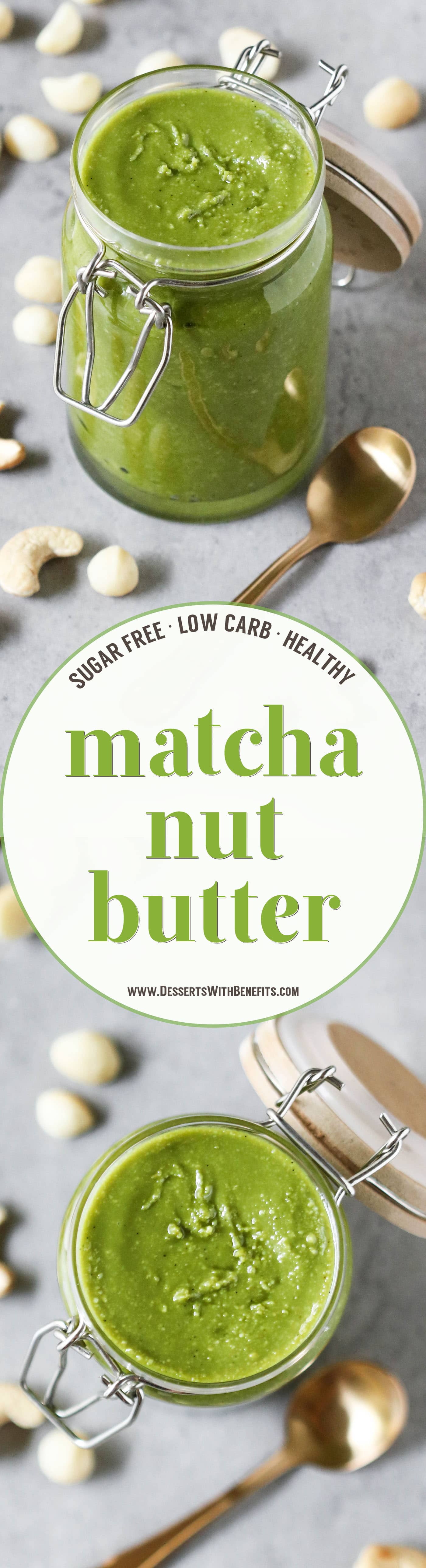 This 5-ingredient Healthy Matcha Green Tea Nut Butter is earthy from the matcha and rich and buttery from the macadamia nuts and cashews. Super easy, creamy, and addictive, yet sugar free, low carb, gluten free, dairy free, and vegan. It's just begging to be dug into with a spoon!