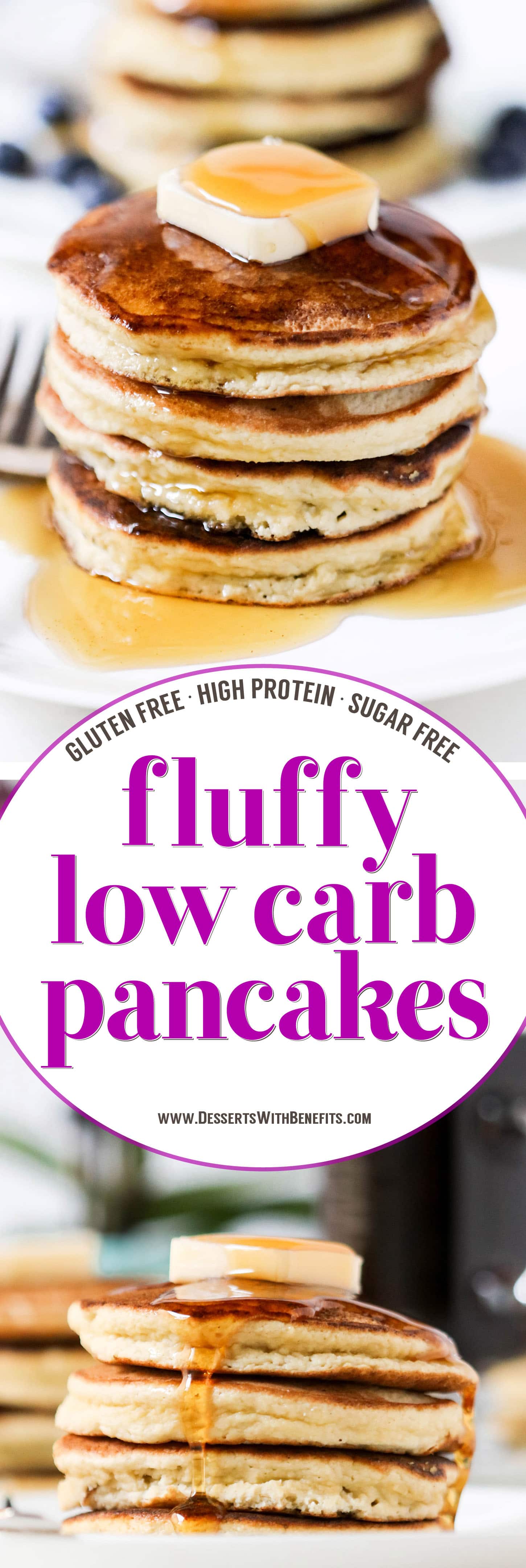These fluffy Low Carb Coconut Flour Pancakes are THE best way to start your day. One bite and you'll wonder how these Paleo Pancakes are sugar free, low carb, high protein, high fiber, gluten free, and dairy free! These filling Low Carb Pancakes have just 220 calories plus 15g of protein and no sugar added. This is a breakfast we can feel good about indulging in.