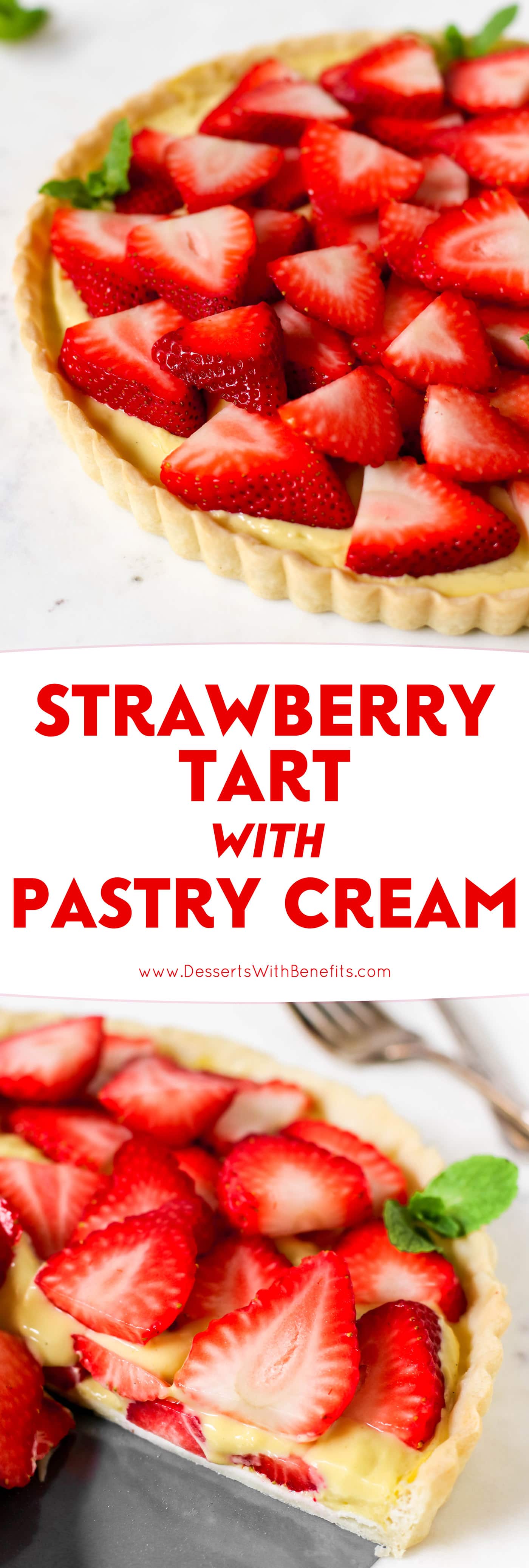 This beautiful Strawberry Tart has a rich and flavorful pie crust, the creamiest, vanilla bean-infused Pastry Cream, and is topped off with sweet, freshly sliced strawberries. It's hard to believe this delicious tart is dairy free and low sugar too!