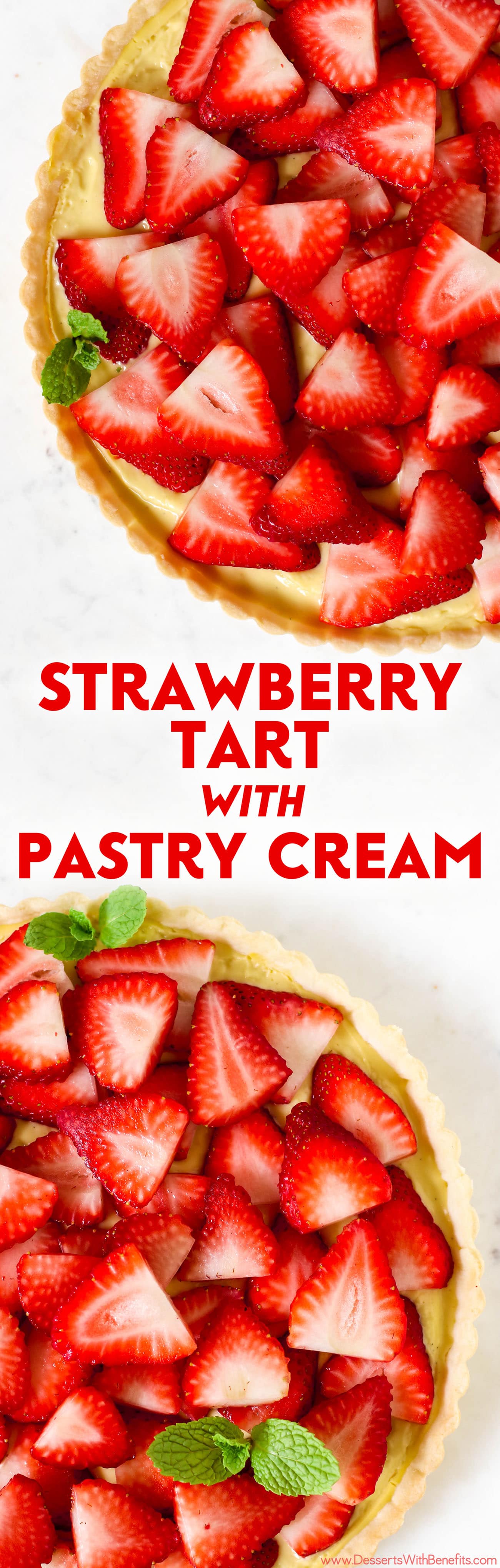 This beautiful Strawberry Tart has a rich and flavorful pie crust, the creamiest, vanilla bean-infused Pastry Cream, and is topped off with sweet, freshly sliced strawberries. It's hard to believe this delicious tart is dairy free and low sugar too!