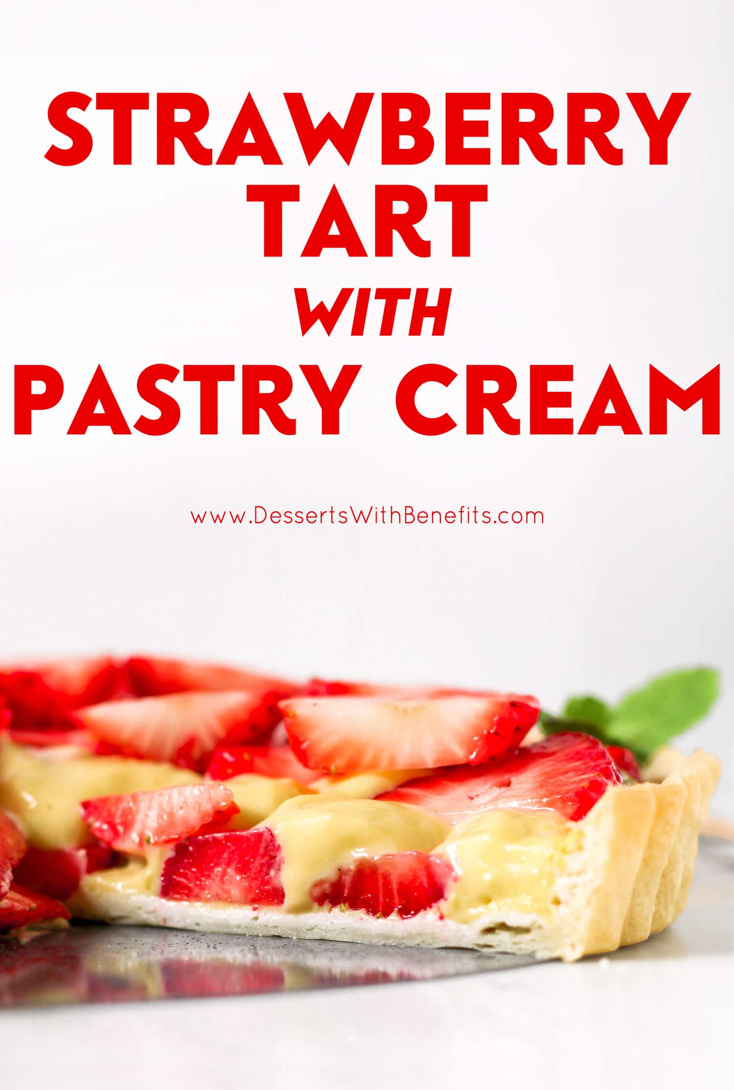 This beautiful Strawberry Tart has a rich and flavorful pie crust, the creamiest, vanilla bean-infused Pastry Cream, and is topped off with sweet, freshly sliced strawberries. It's hard to believe this delicious tart is dairy free and low sugar too!