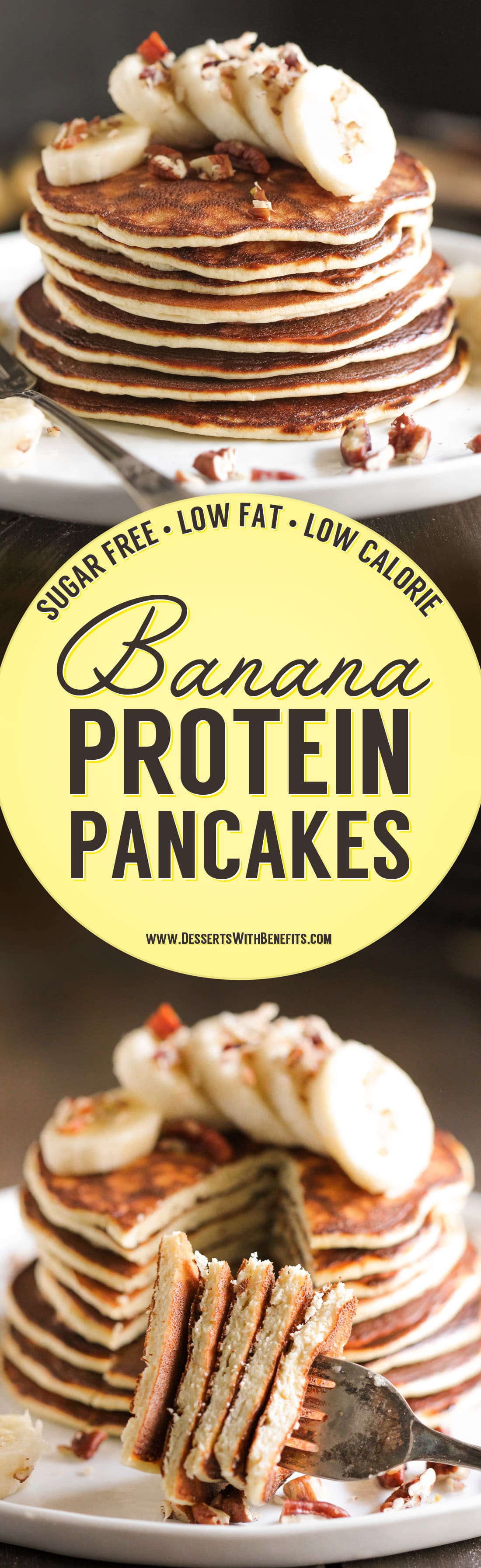 These Healthy Banana Protein Pancakes are uber light and fluffy, and they're perfectly sweet too. One bite and you won't be able to tell they're gluten free, refined sugar free, low fat, and packed with a whopping 22g of protein per serving! Healthy Dessert Recipes at the Desserts With Benefits Blog (www.DessertsWithBenefits.com)