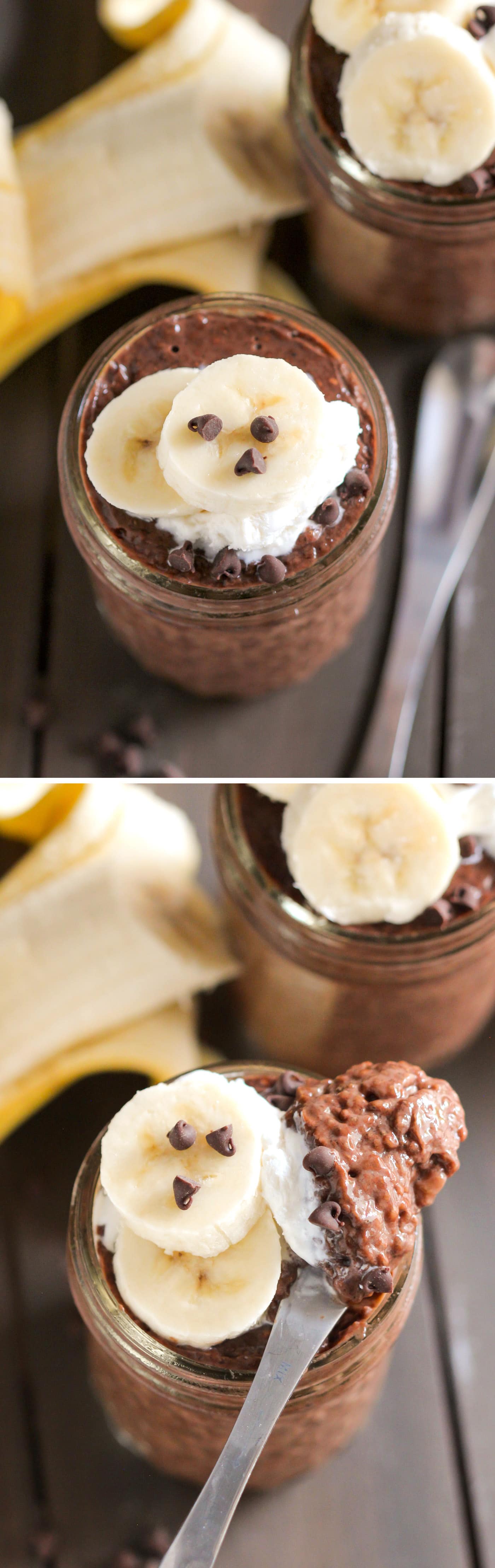 This Chocolate Banana Chia Seed Pudding recipe is perfectly sweet, deliciously chocolatey, and surprisingly filling! Makes for a great breakfast because it's full of healthy ingredients such as chia seeds (high in omega-3 fatty acids) and bananas (high in potassium), and it also happens to be refined sugar free, high fiber, gluten free, and vegan too! Healthy Dessert Recipes at the Desserts With Benefits Blog (www.DessertsWithBenefits.com)