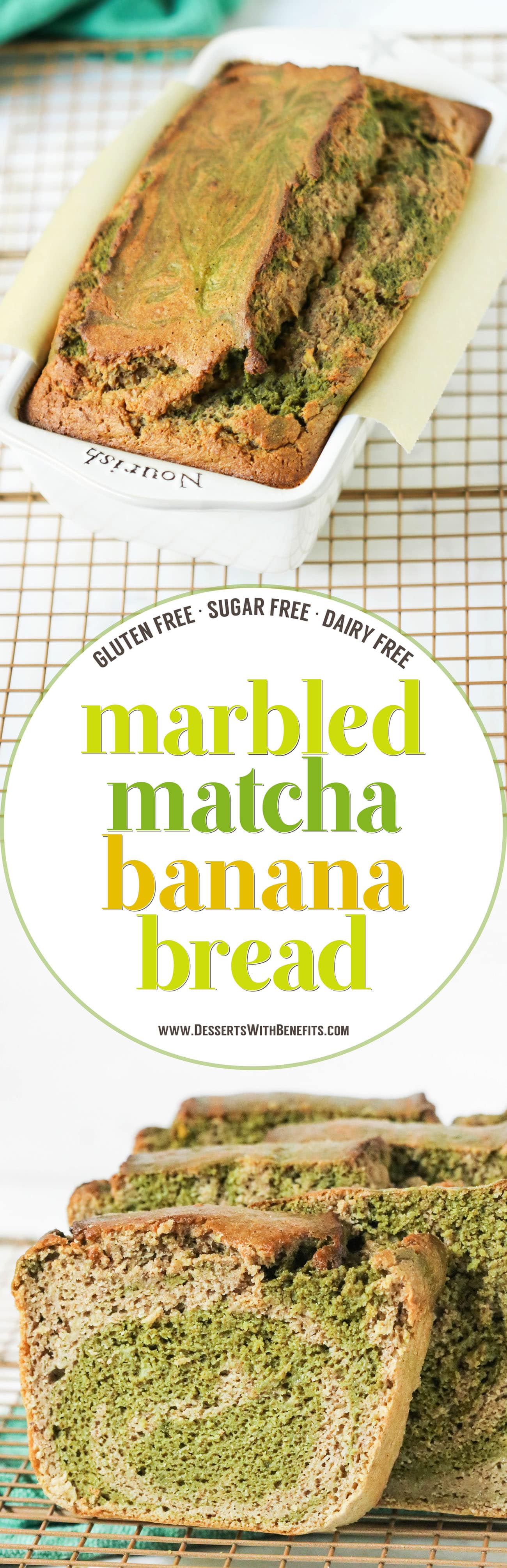 This Marbled Matcha Green Tea Banana Bread is so moist, fluffy, springy, and flavorful, you'd never know it's gluten free, dairy free, sugar free, and high protein!