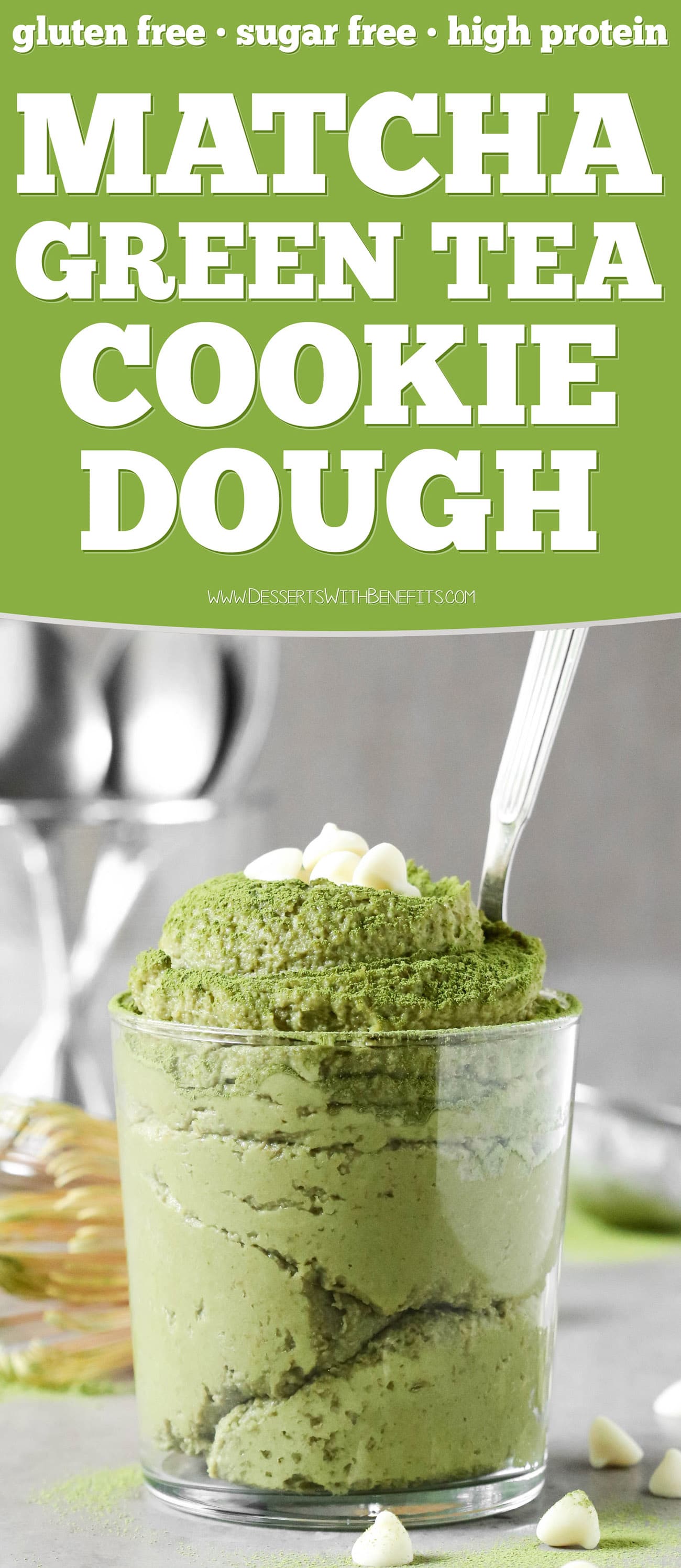 This Matcha Green Tea Cookie Dough is fudgy, sweet, and sinful-tasting, yet it's healthy! Made with nut butter, oats, protein powder (optional), and a secret ingredient. You'd never know this is sugar free, gluten free, high protein, and high fiber too!