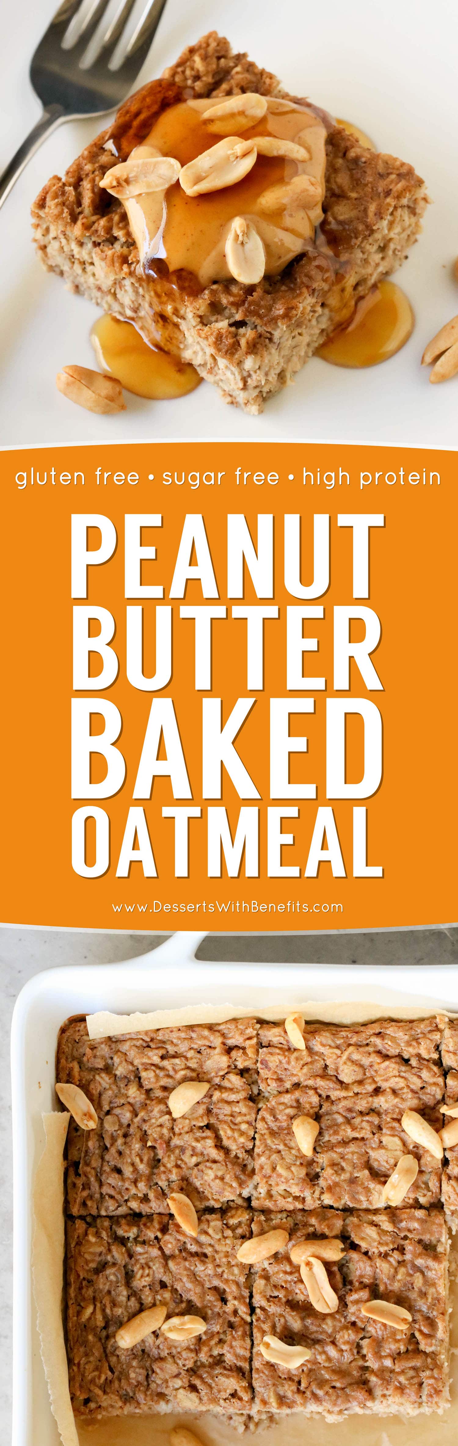 This healthy Peanut Butter Baked Oatmeal is soft and light, yet packed with protein, fiber, and healthy fats, and none of the added sugar! Plus, it's sugar free, gluten free, dairy free, and vegan too!