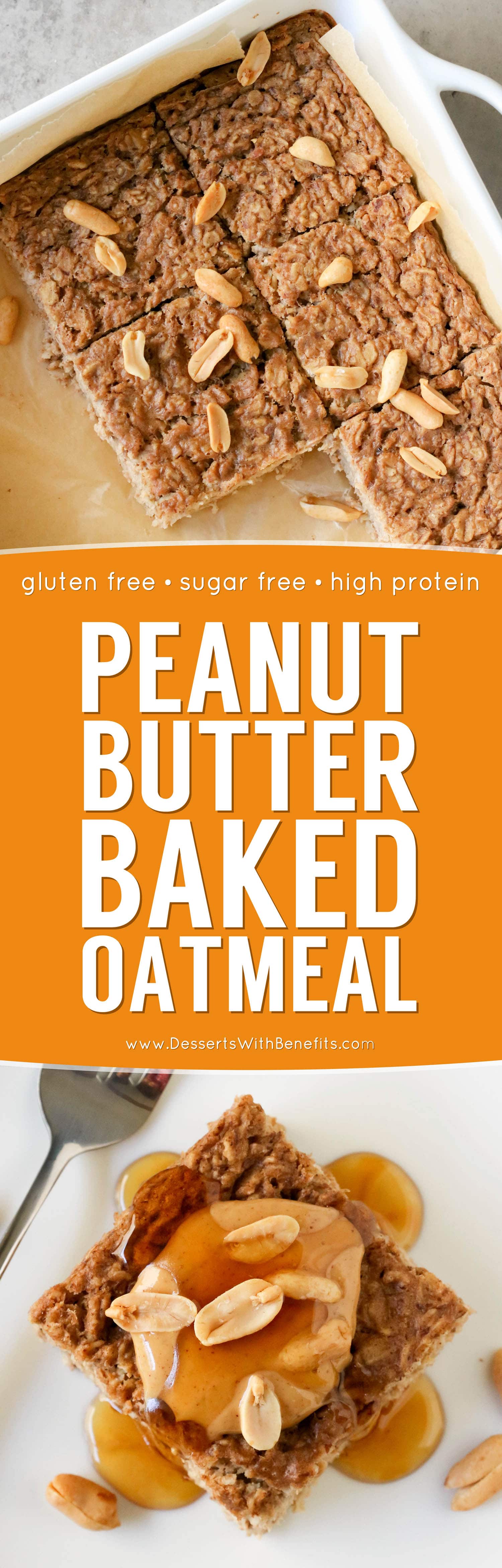 This healthy Peanut Butter Baked Oatmeal is soft and light, yet packed with protein, fiber, and healthy fats, and none of the added sugar! Plus, it's sugar free, gluten free, dairy free, and vegan too!