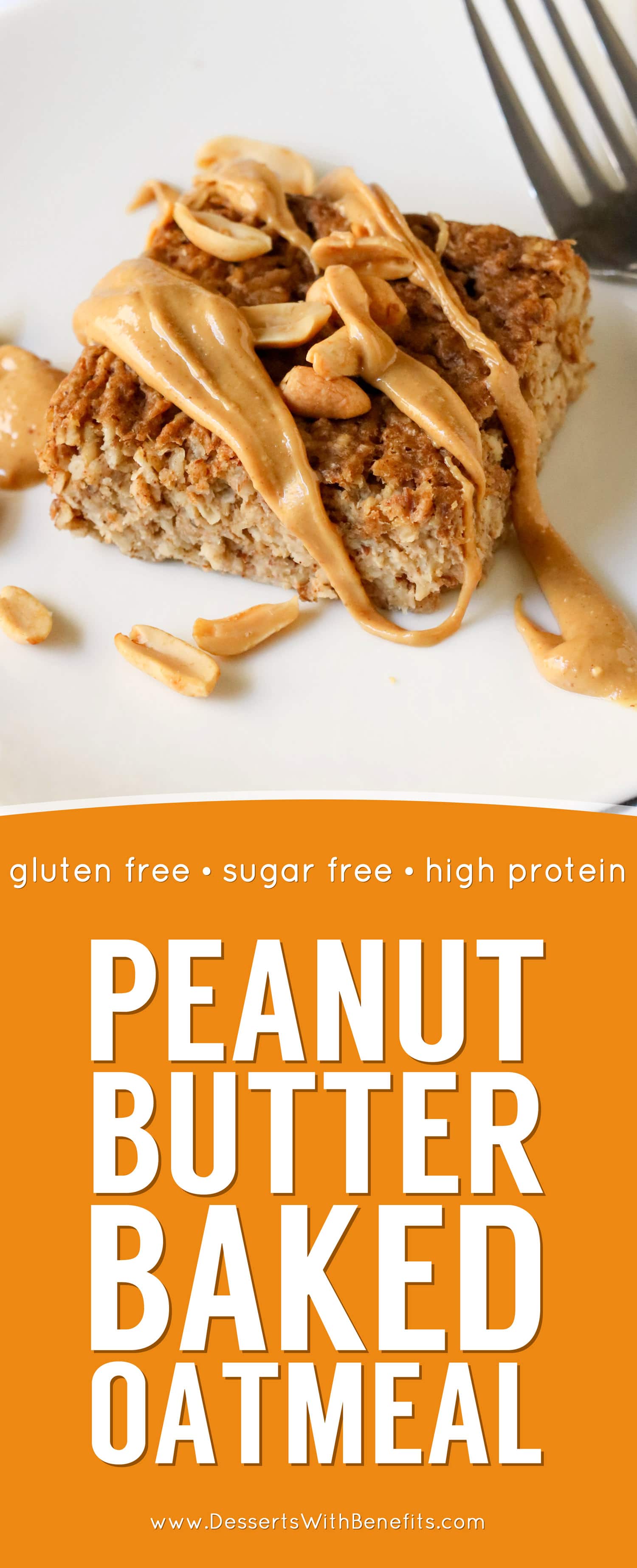 This healthy Peanut Butter Baked Oatmeal is soft and light, yet packed with protein, fiber, and healthy fats, and none of the added sugar! Plus, it's sugar free, gluten free, dairy free, and vegan too!