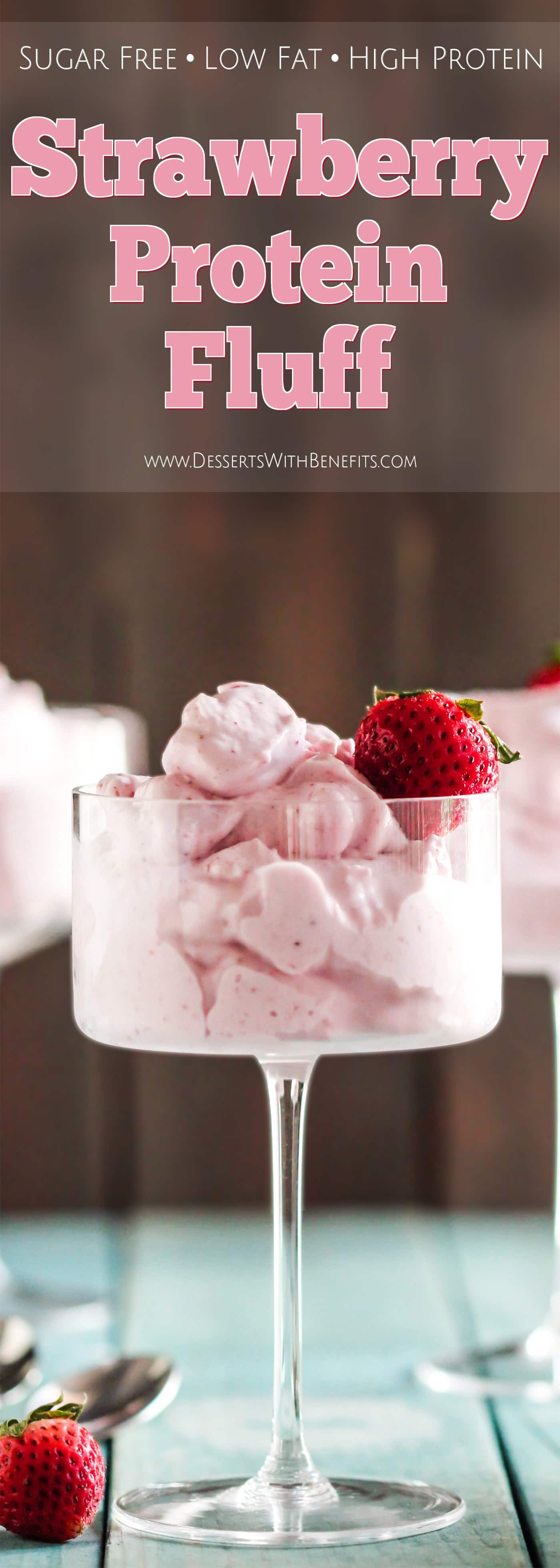 This Healthy Strawberry Protein Fluff is like a mixture between ice cream, whipped cream, and a cloud. So fluffy and voluminous with only 65 calories per serving. It's refined sugar free, low fat, high protein, and eggless too. Healthy Dessert Recipes with sugar free, low calorie, low carb, gluten free, dairy free, and vegan options at the Desserts With Benefits Blog (www.DessertsWithBenefits.com)