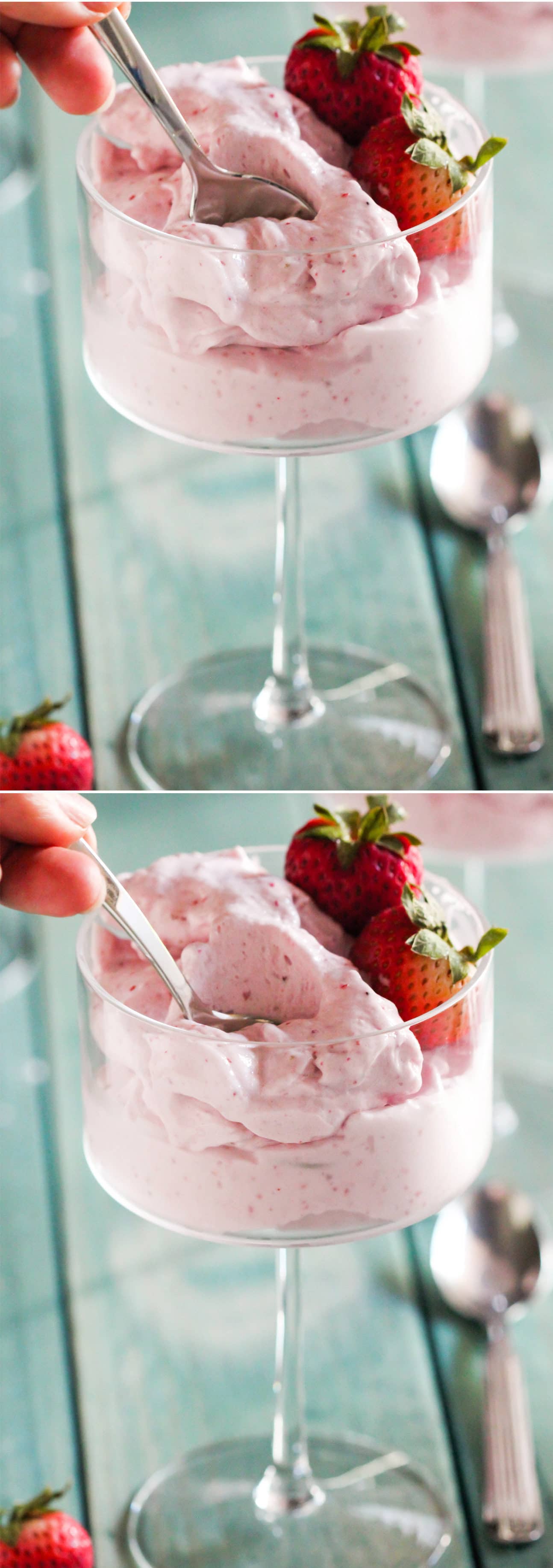 This Healthy Strawberry Protein Fluff is like a mixture between ice cream, whipped cream, and a cloud. So fluffy and voluminous with only 65 calories per serving. It's refined sugar free, low fat, high protein, and eggless too. Healthy Dessert Recipes with sugar free, low calorie, low carb, gluten free, dairy free, and vegan options at the Desserts With Benefits Blog (www.DessertsWithBenefits.com)