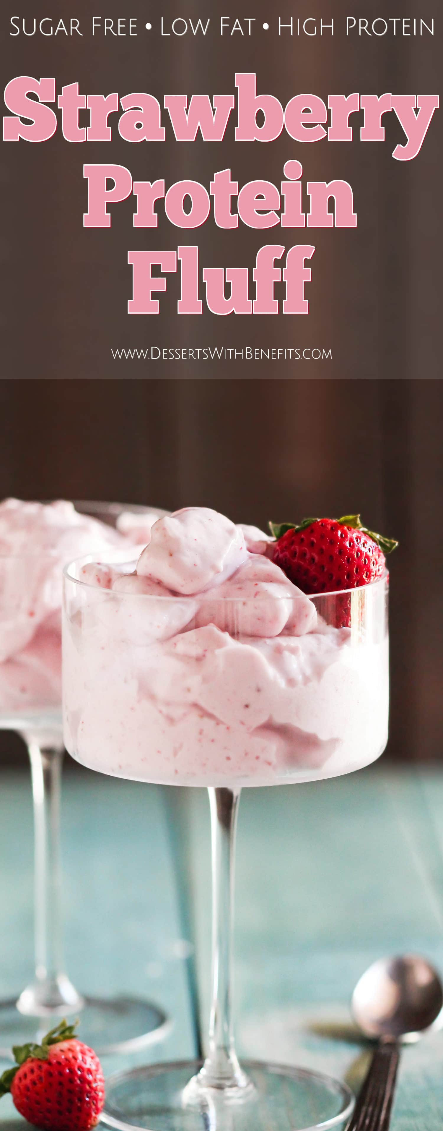 This Healthy Strawberry Protein Fluff is like a mixture between ice cream, whipped cream, and a cloud. So fluffy and voluminous with only 65 calories per serving. It's refined sugar free, low fat, high protein, and eggless too. Healthy Dessert Recipes with sugar free, low calorie, low carb, gluten free, dairy free, and vegan options at the Desserts With Benefits Blog (www.DessertsWithBenefits.com)