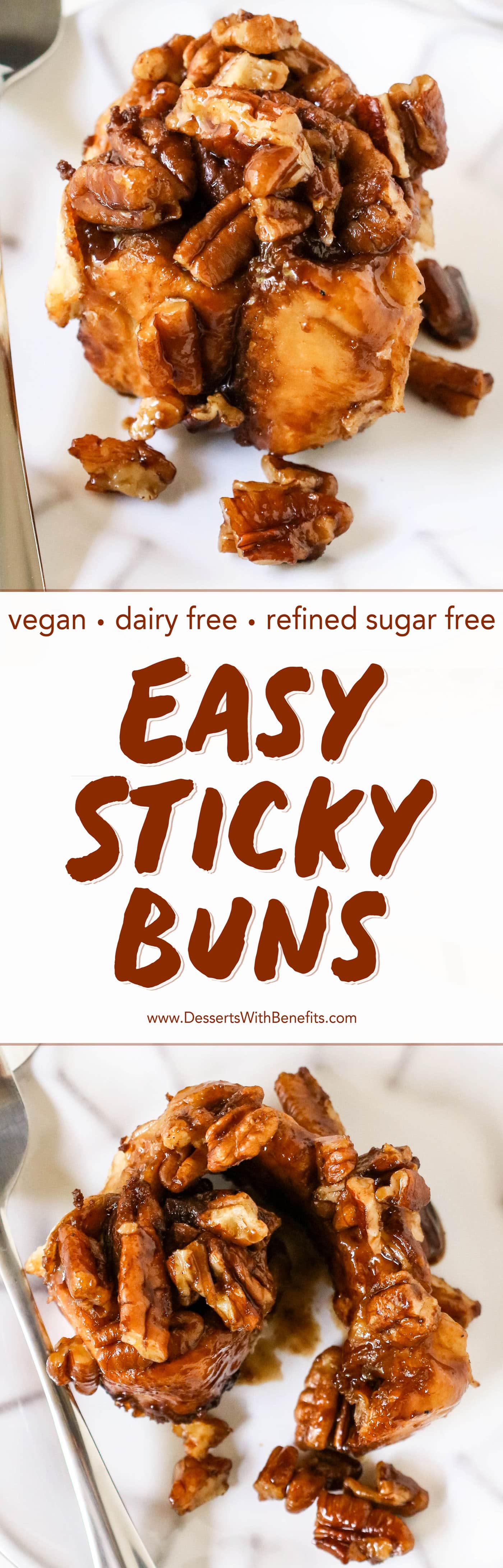 You'll wow everyone with these Sticky Buns! They're soft, fluffy, sweet, perfectly spiced with cinnamon, and topped with caramel-pecan goodness. No one will believe these are dairy free, vegan, and low in sugar.