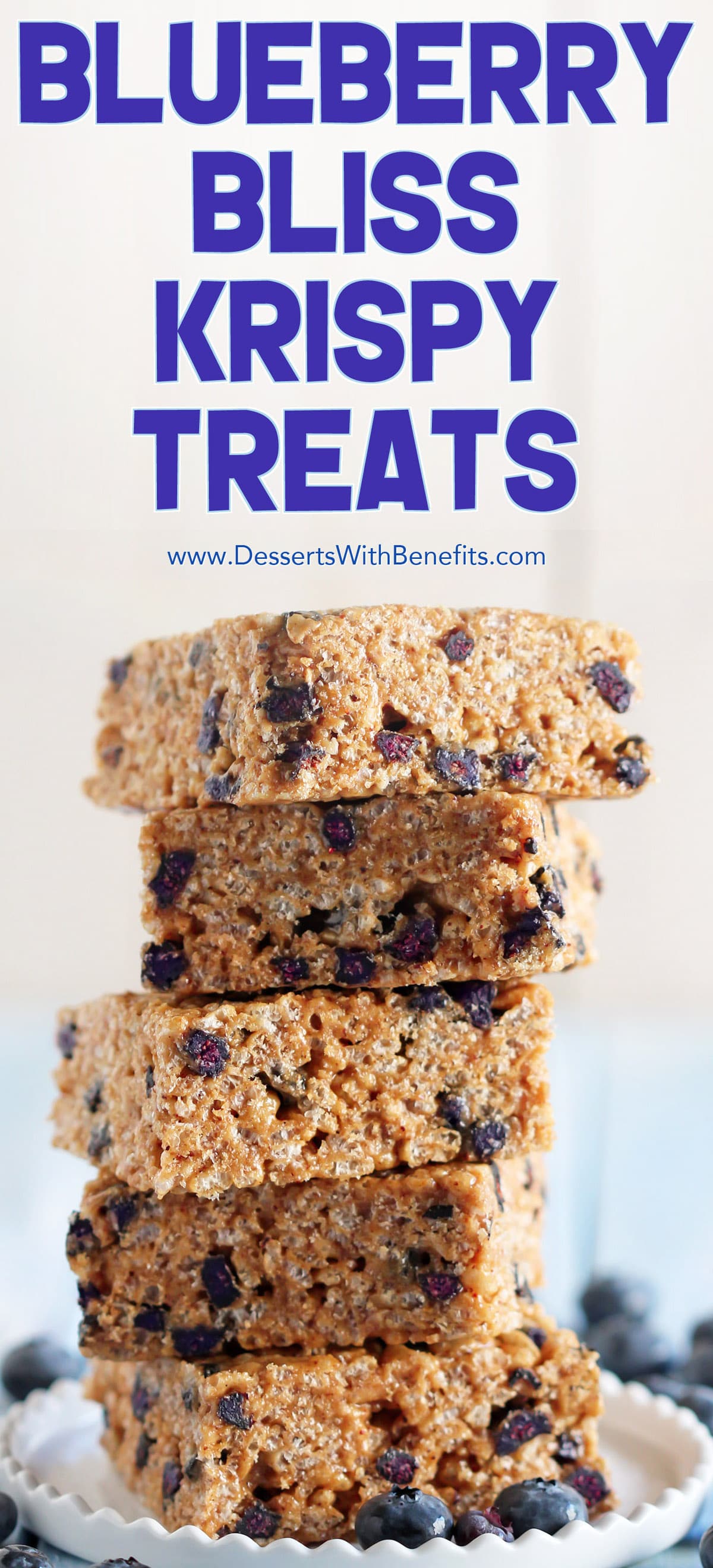 These Blueberry Bliss Krispy Treats are secretly healthy -- made with whole grain brown rice cereal, low glycemic raw honey, delicious almond butter, and a sprinkling of protein powder. It's crispy and chewy, but without the butter and sugary, high-fructose corn-syrup-laden marshmallows.