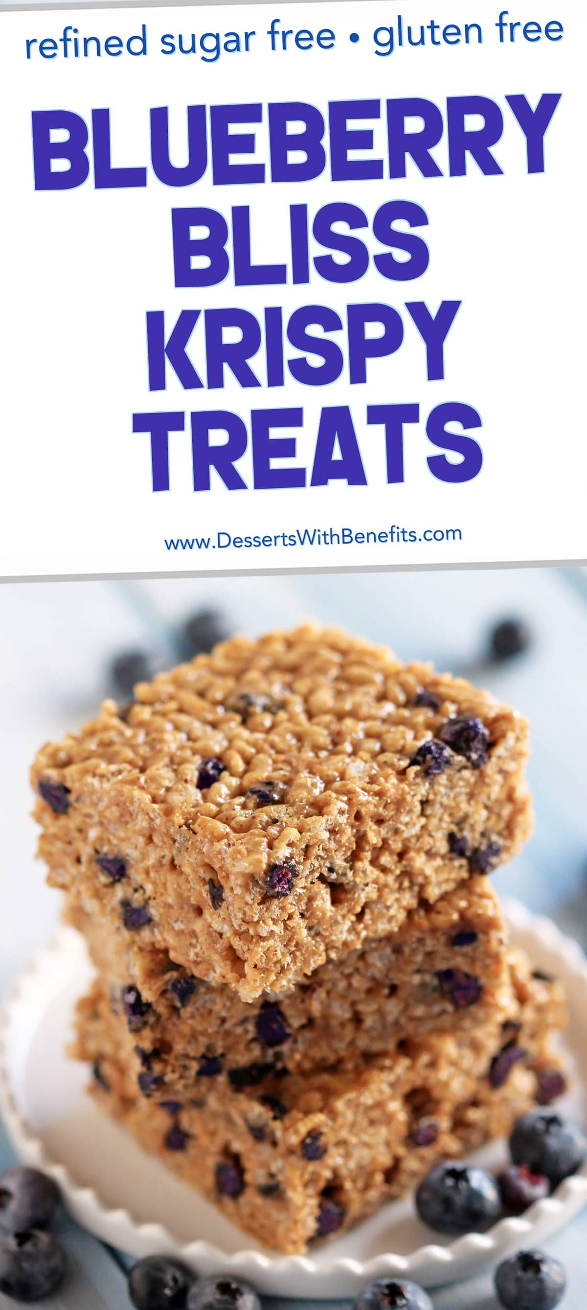 These Blueberry Bliss Krispy Treats are secretly healthy -- made with whole grain brown rice cereal, low glycemic raw honey, delicious almond butter, and a sprinkling of protein powder. It's crispy and chewy, but without the butter and sugary, high-fructose corn-syrup-laden marshmallows.