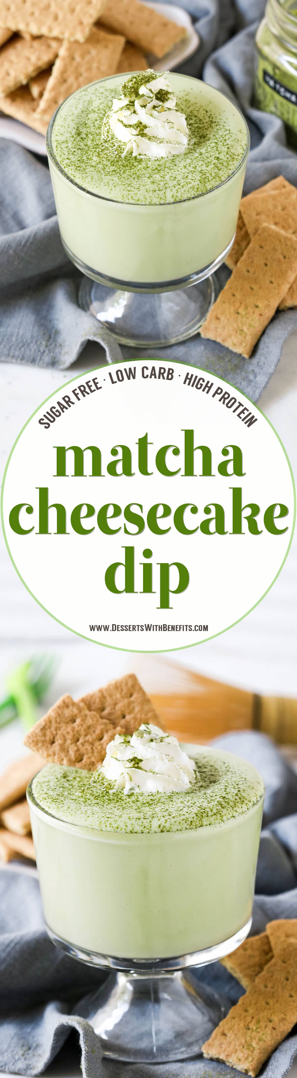 This 100-calorie Matcha Green Tea Cheesecake Dip is ultra smooth, creamy, sweet, and satisfying. It tastes just like matcha cheesecake batter, except this version is sugar free, low carb, low fat, and high protein!  Only five ingredients and a few minutes needed to whip this together -- you'll be guilt-free snacking in no time!