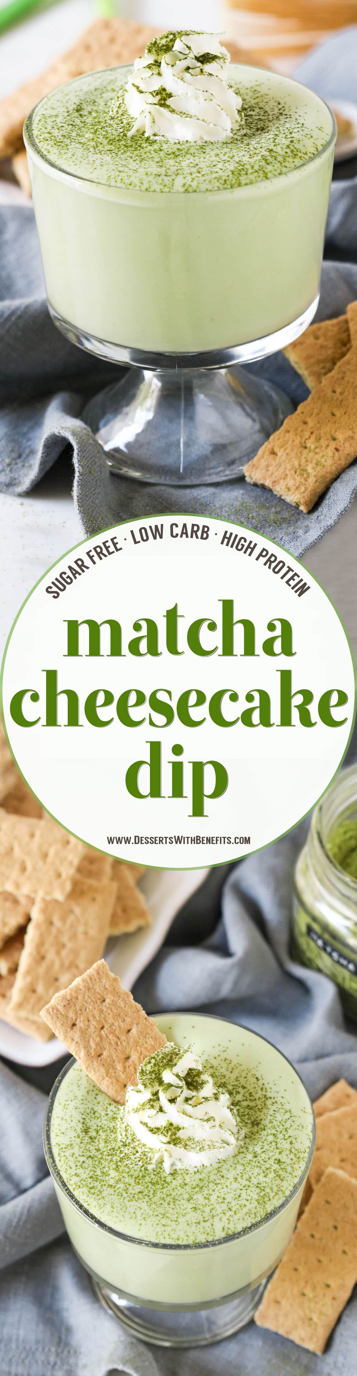 This 100-calorie Matcha Green Tea Cheesecake Dip is ultra smooth, creamy, sweet, and satisfying. It tastes just like matcha cheesecake batter, except this version is sugar free, low carb, low fat, and high protein!  Only five ingredients and a few minutes needed to whip this together -- you'll be guilt-free snacking in no time!