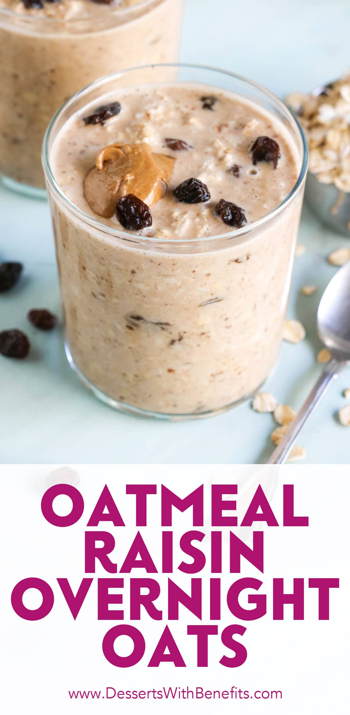 These Oatmeal Raisin Cookie Overnight Dessert Oats have all the flavor of oatmeal raisin cookies but in oatmeal form, and without the butter, oil, and sugar! Gluten free and vegan, and made with whole grain oats, nut butter, and a hint of vanilla and cinnamon.