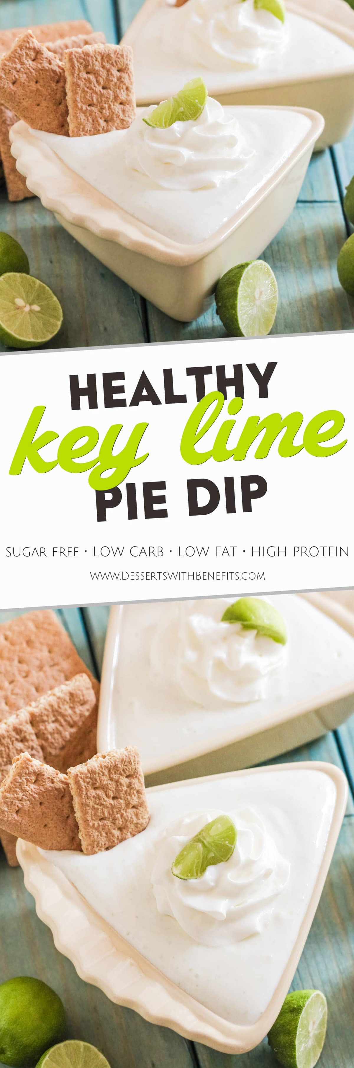 Healthy Key Lime Pie Dip! In the mood for Key Lime Pie but don't have time to bake an entire pie? Make this Healthy Key Lime Pie Dip! All the flavor of Key Lime Pie, but sugar free, low carb, low fat, high protein, gluten free, and only 5 ingredients! Healthy Dessert Recipes at the Desserts With Benefits Blog (www.DessertsWithBenefits.com).