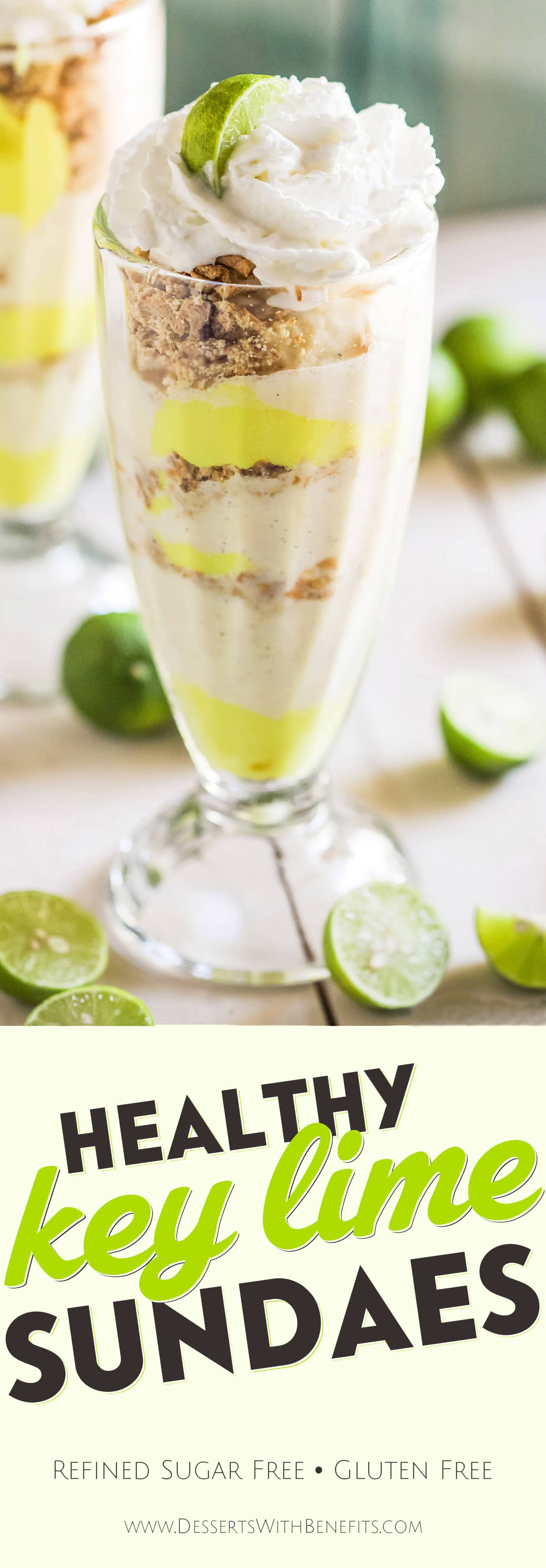 Can you believe these Healthy Key Lime Pie Sundaes are made completely from scratch? Oh yes. From the Vanilla Bean Frozen Yogurt to the Key Lime Curd to the Graham Crackers, it's all homemade! Low sugar, high protein, and gluten free too! Healthy Dessert Recipes with sugar free, low calorie, low fat, low carb, dairy free, vegan, and raw options at the Desserts With Benefits Blog