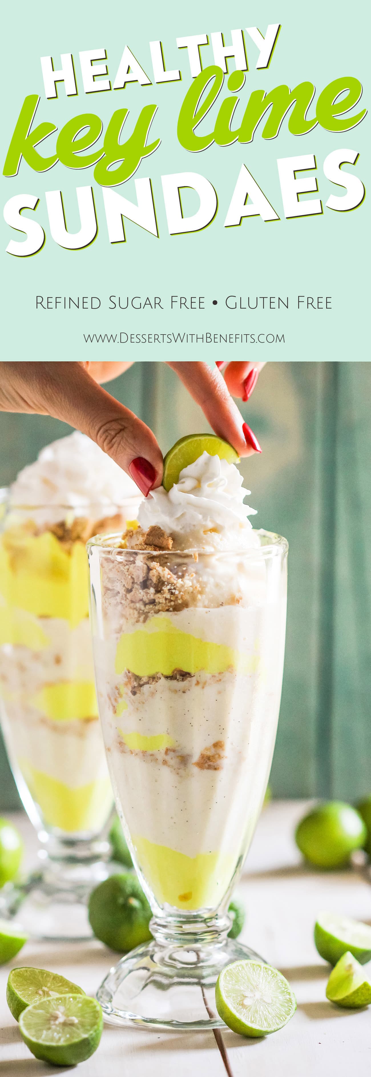 Can you believe these Healthy Key Lime Pie Sundaes are made completely from scratch? Oh yes. From the Vanilla Bean Frozen Yogurt to the Key Lime Curd to the Graham Crackers, it's all homemade! Low sugar, high protein, and gluten free too! Healthy Dessert Recipes with sugar free, low calorie, low fat, low carb, dairy free, vegan, and raw options at the Desserts With Benefits Blog