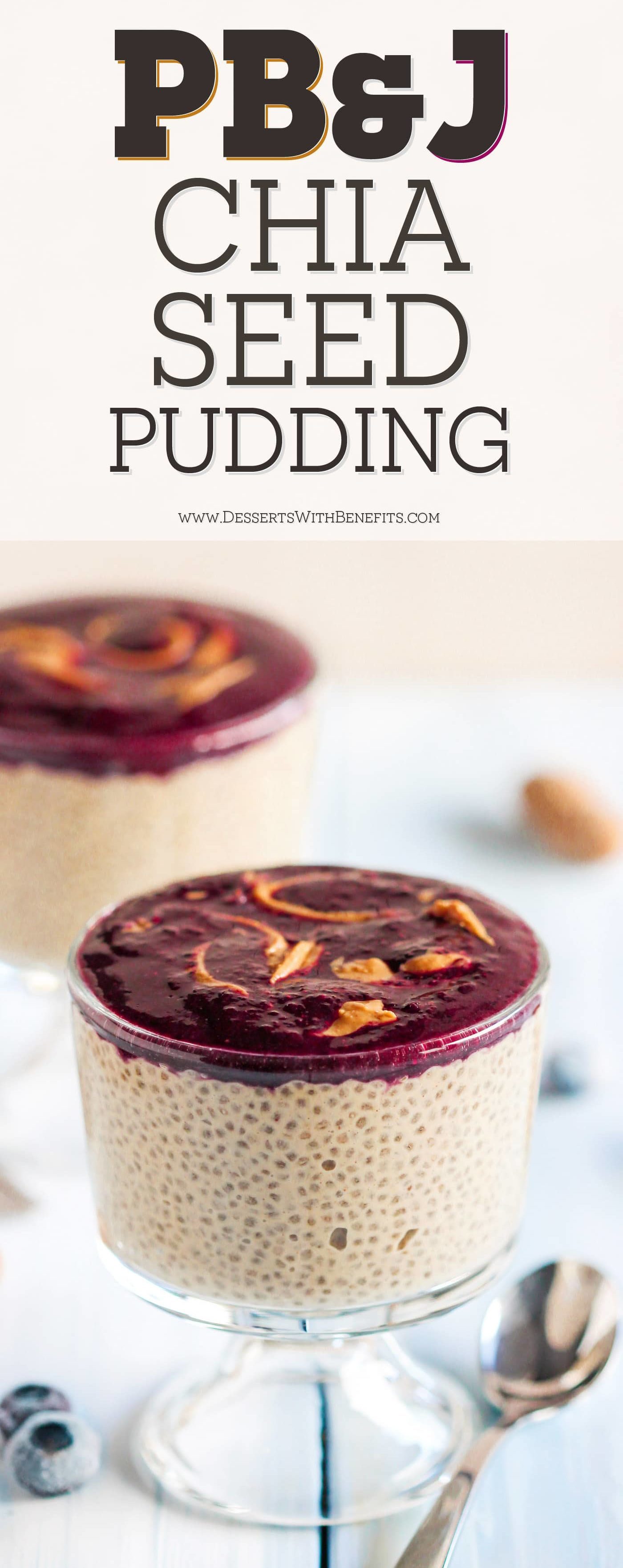 This 5-ingredient Healthy Peanut Butter and Jelly Chia Seed Pudding recipe has ALL the PB&J flavor your heart (and tastebuds) could ever desire, but in a healthier form! This is super easy to make and even easier to eat. You’d never know it’s sugar free, gluten free, high protein, and vegan too! Healthy Dessert Recipes at the Desserts With Benefits Blog (www.DessertsWithBenefits.com)