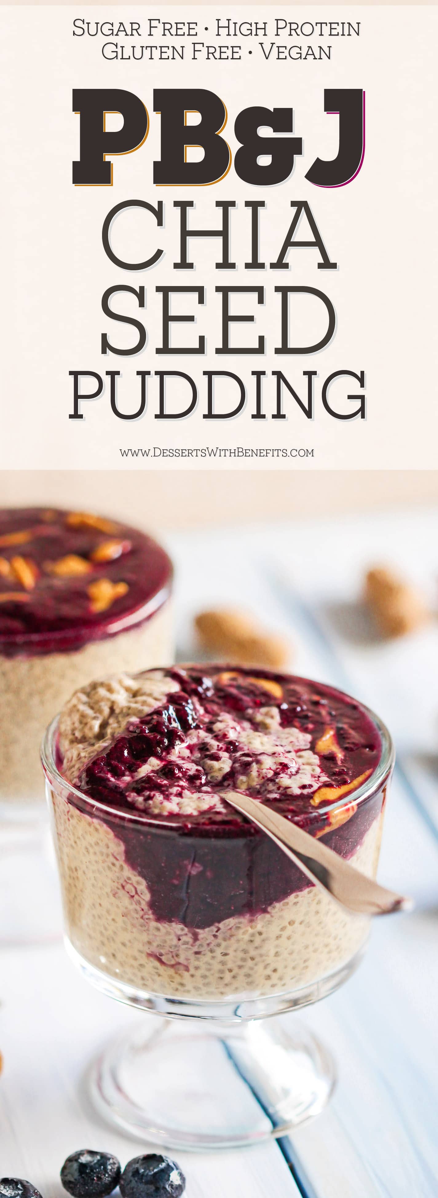 This 5-ingredient Healthy Peanut Butter and Jelly Chia Seed Pudding recipe has ALL the PB&J flavor your heart (and tastebuds) could ever desire, but in a healthier form! This is super easy to make and even easier to eat. You’d never know it’s sugar free, gluten free, high protein, and vegan too! Healthy Dessert Recipes at the Desserts With Benefits Blog (www.DessertsWithBenefits.com)