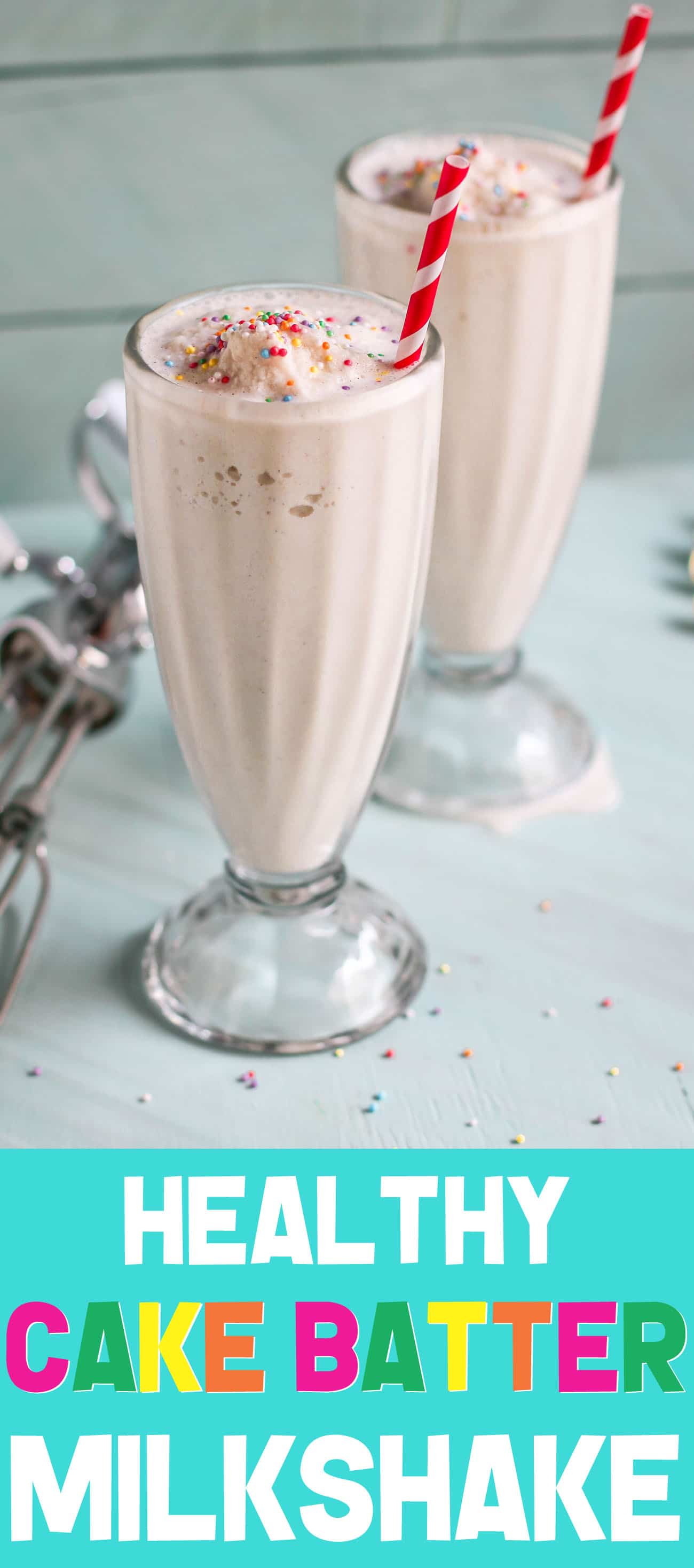 When you're craving cake but don't want to go through the hassle of baking, make this Cake Batter Milkshake! It's secretly sugar free, low fat, high protein, and gluten free too, made with kefir (or yogurt), oats, vanilla, and a couple secret ingredients that make it taste just like vanilla cake in drinkable form.