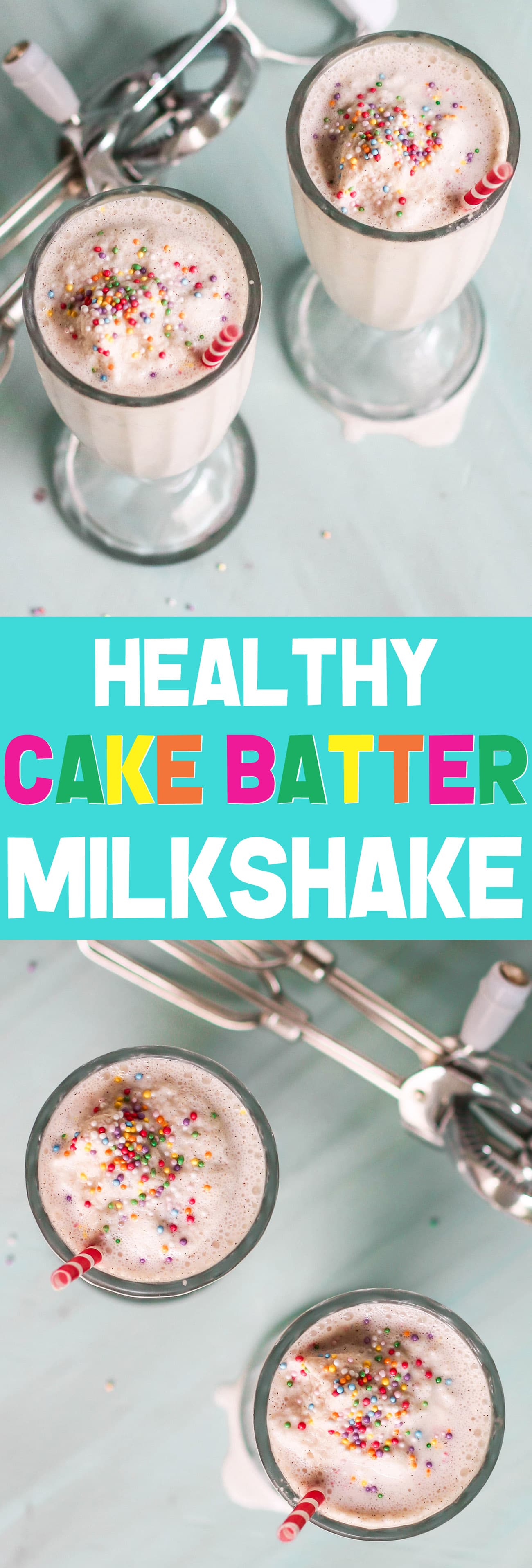 When you're craving cake but don't want to go through the hassle of baking, make this Cake Batter Milkshake! It's secretly sugar free, low fat, high protein, and gluten free too, made with kefir (or yogurt), oats, vanilla, and a couple secret ingredients that make it taste just like vanilla cake in drinkable form.