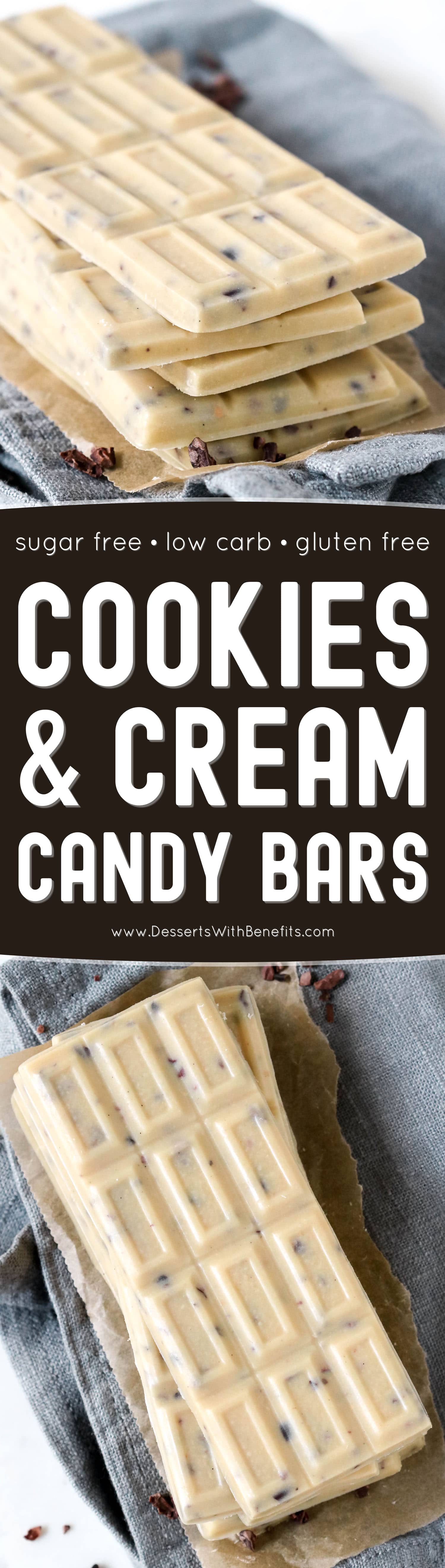 Just like the store-bought version, these from-scratch Cookies and Cream Candy Bars start with a smooth, creamy, and sweet white chocolate base, which is studded with crunchy chocolatey bits throughout. One bite and you'd never know these are sugar free, low carb, keto, and gluten free too!