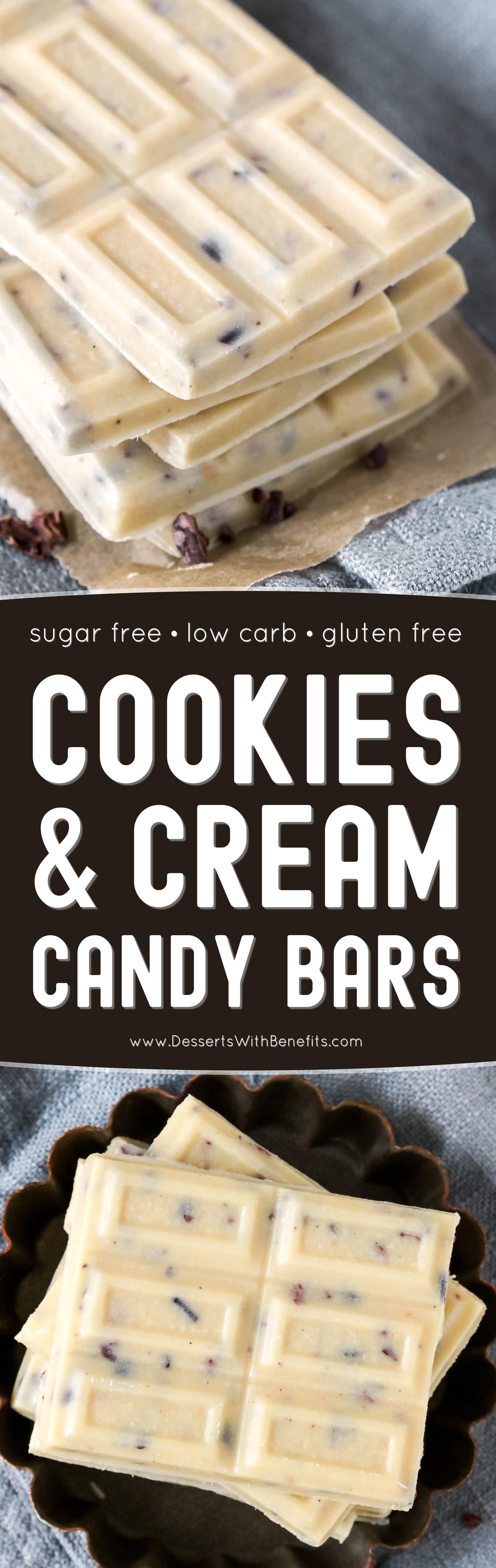 Just like the store-bought version, these from-scratch Cookies and Cream Candy Bars start with a smooth, creamy, and sweet white chocolate base, which is studded with crunchy chocolatey bits throughout. One bite and you'd never know these are sugar free, low carb, keto, and gluten free too!