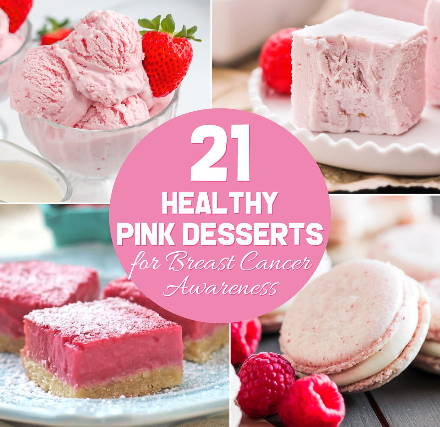 Have a pink October to honor Breast Cancer Awareness Month with these 21 healthy pink desserts! Make them for friends, family, neighbors, a school convention, fundraiser, or yourself! Cake to cupcakes to ice cream to milkshakes and more. Options for everyone: sugar free, low carb, low fat, high protein, high fiber, whole grain, gluten free, dairy free, vegan, paleo, or keto. #glutenfreedessert #vegandessert #highprotein #healthycake #glutenfreecake #sugarfreecake #lowcarbicecream #ketofudge