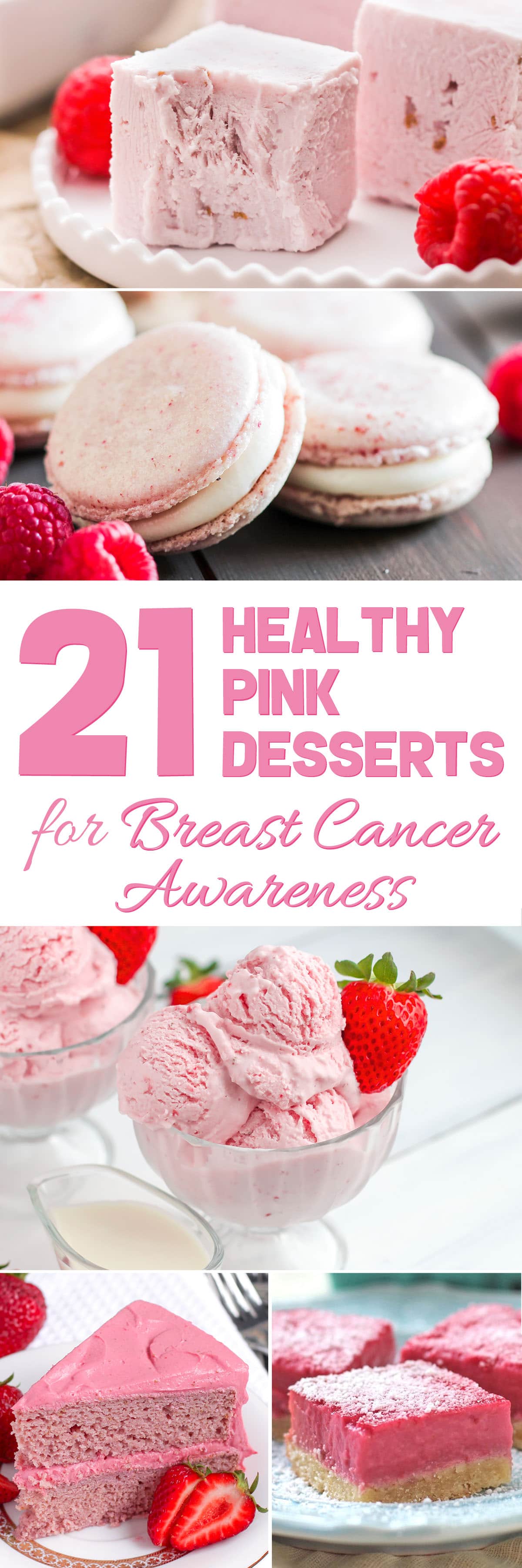 Have a pink October to honor Breast Cancer Awareness Month with these 21 healthy pink desserts! Make them for friends, family, neighbors, a school convention, fundraiser, or yourself! Cake to cupcakes to ice cream to milkshakes and more. Options for everyone: sugar free, low carb, low fat, high protein, high fiber, whole grain, gluten free, dairy free, vegan, paleo, or keto. #glutenfreedessert #vegandessert #highprotein #healthycake #glutenfreecake #sugarfreecake #lowcarbicecream #ketofudge