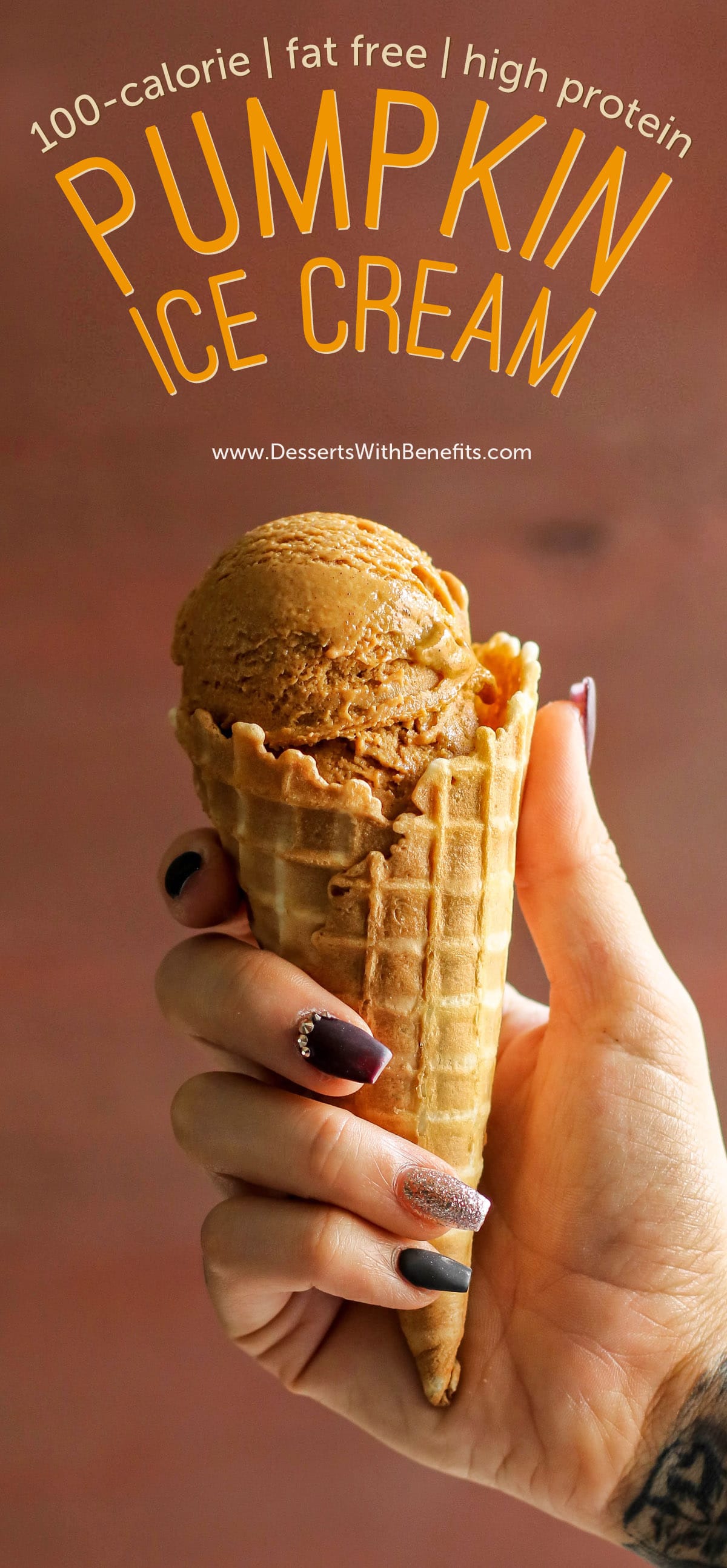 This 100-calorie Pumpkin Ice Cream is ULTRA creamy, perfectly spiced, and perfectly sweet. Made with 100% good-for-you ingredients (NO heavy cream, no eggs, and no refined sugar)! This version is fat free, refined sugar free, high protein, and gluten free too! #pumpkin #pumpkinpiespice #allnatural #refinedsugarfree #healthyicecream #highprotein #fatfree #easy #homemadeicecream