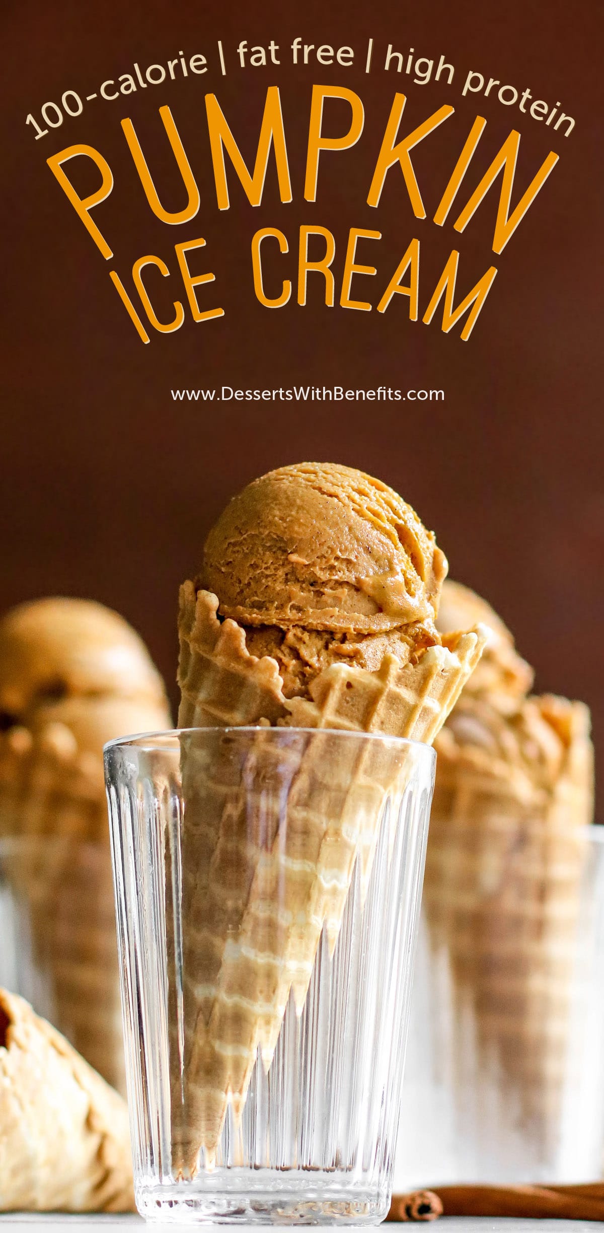This 100-calorie Pumpkin Ice Cream is ULTRA creamy, perfectly spiced, and perfectly sweet. Made with 100% good-for-you ingredients (NO heavy cream, no eggs, and no refined sugar)! This version is fat free, refined sugar free, high protein, and gluten free too! #pumpkin #pumpkinpiespice #allnatural #refinedsugarfree #healthyicecream #highprotein #fatfree #easy #homemadeicecream