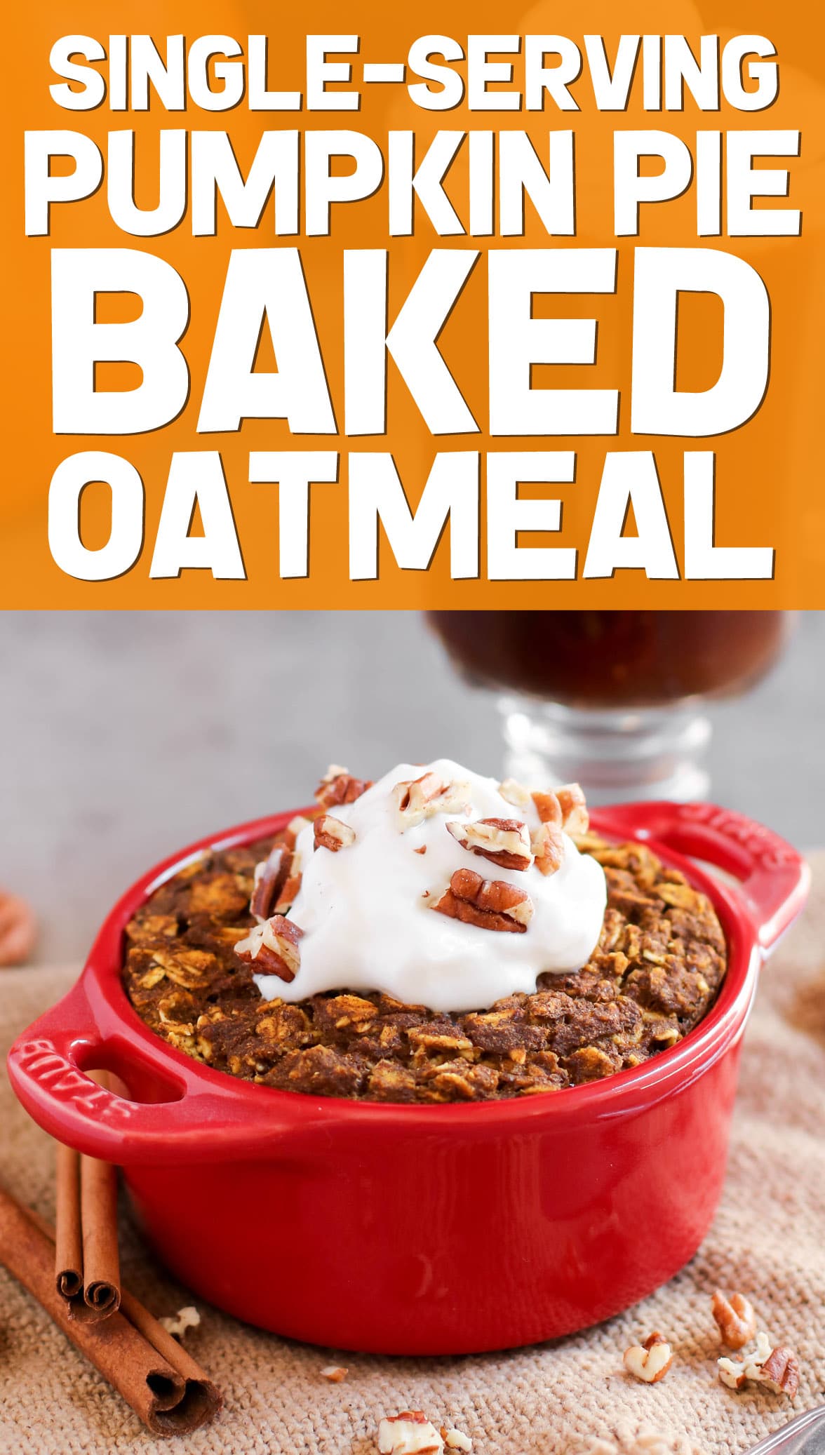 This super easy Healthy Single-Serving Pumpkin Pie Baked Oatmeal recipe is 100% whole grain, gluten free, and vegan, with no added sugar. It's dense, hearty, and filling, just like all baked oatmeal should be, and it's also packed full of pumpkin pie flavor, thanks to the canned pumpkin puree and pumpkin pie spice! #glutenfree #vegan #glutenfreevegan #pumpkinpie #bakedoatmeal #sugarfree #healthybreakfast #pumpkinpuree #pumpkinspice